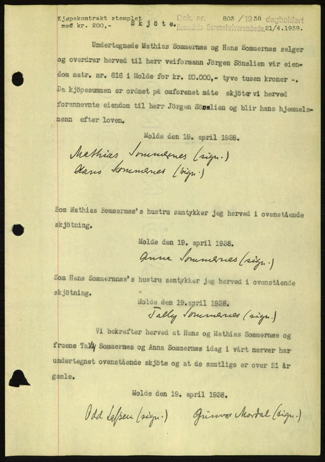 Romsdal sorenskriveri, SAT/A-4149/1/2/2C: Pantebok nr. A5, 1938-1938, Dagboknr: 803/1938