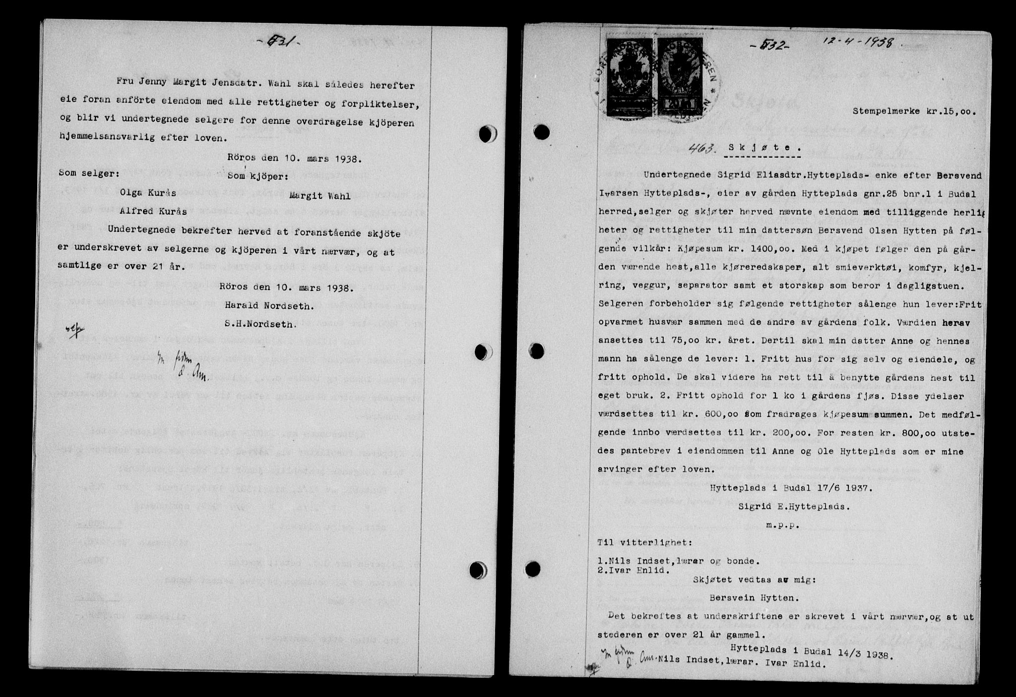 Gauldal sorenskriveri, SAT/A-0014/1/2/2C/L0048: Pantebok nr. 51-52, 1937-1938, s. 531, Dagboknr: 463/1938