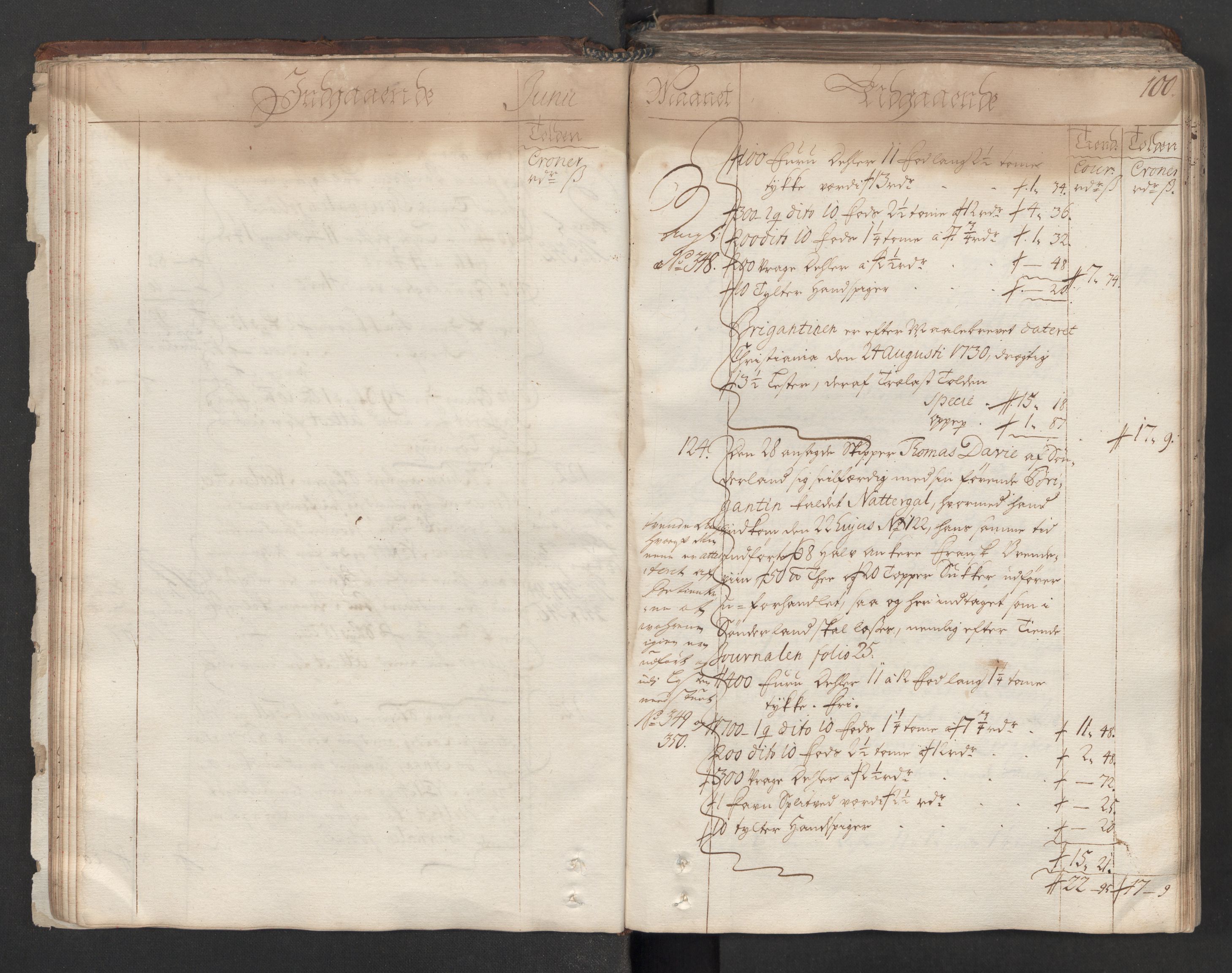 Generaltollkammeret, tollregnskaper, AV/RA-EA-5490/R06/L0012/0001: Tollregnskaper Kristiania / Hovedtollbok, 1731, s. 99b-100a