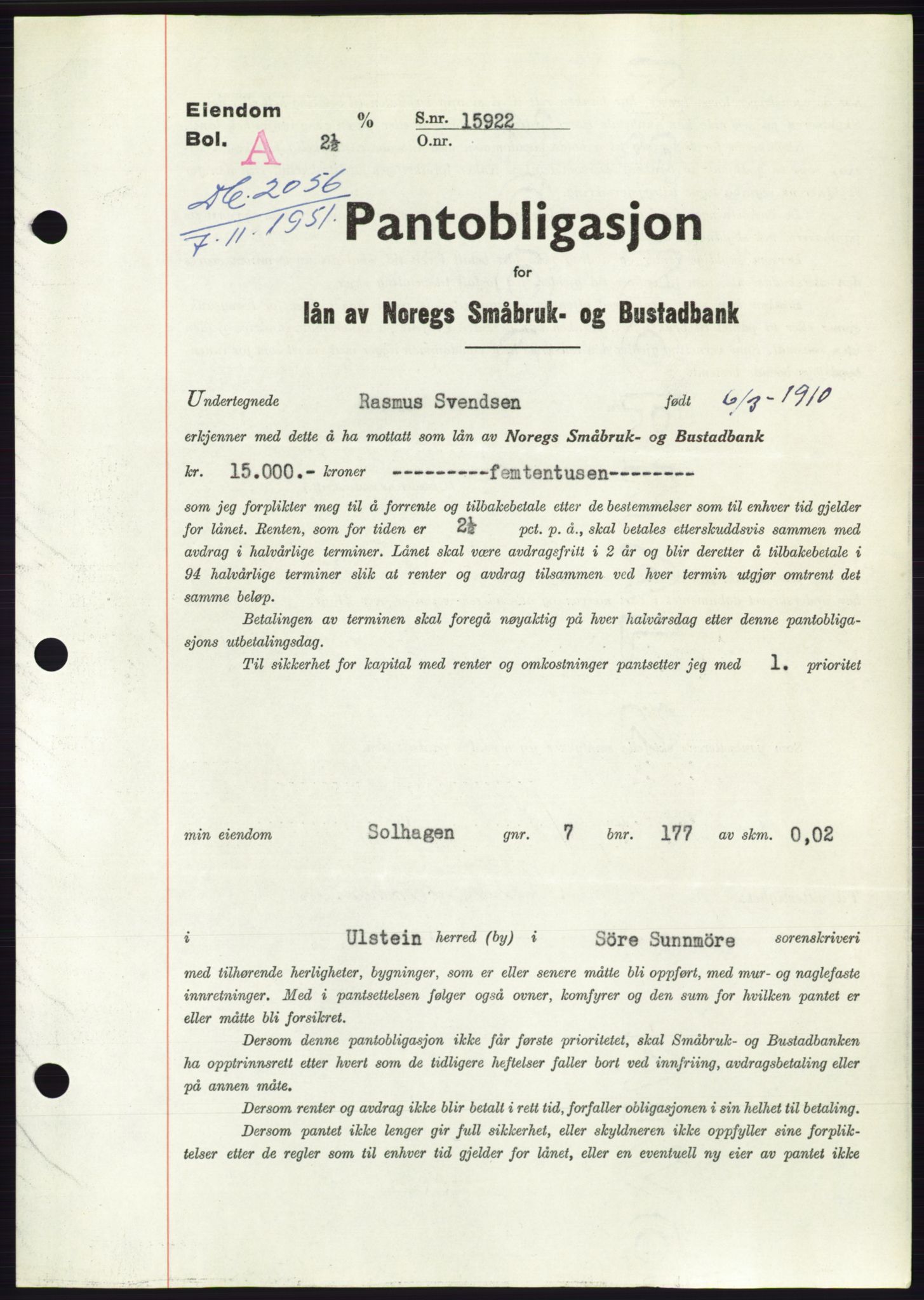 Søre Sunnmøre sorenskriveri, SAT/A-4122/1/2/2C/L0120: Pantebok nr. 8B, 1951-1951, Dagboknr: 2056/1951