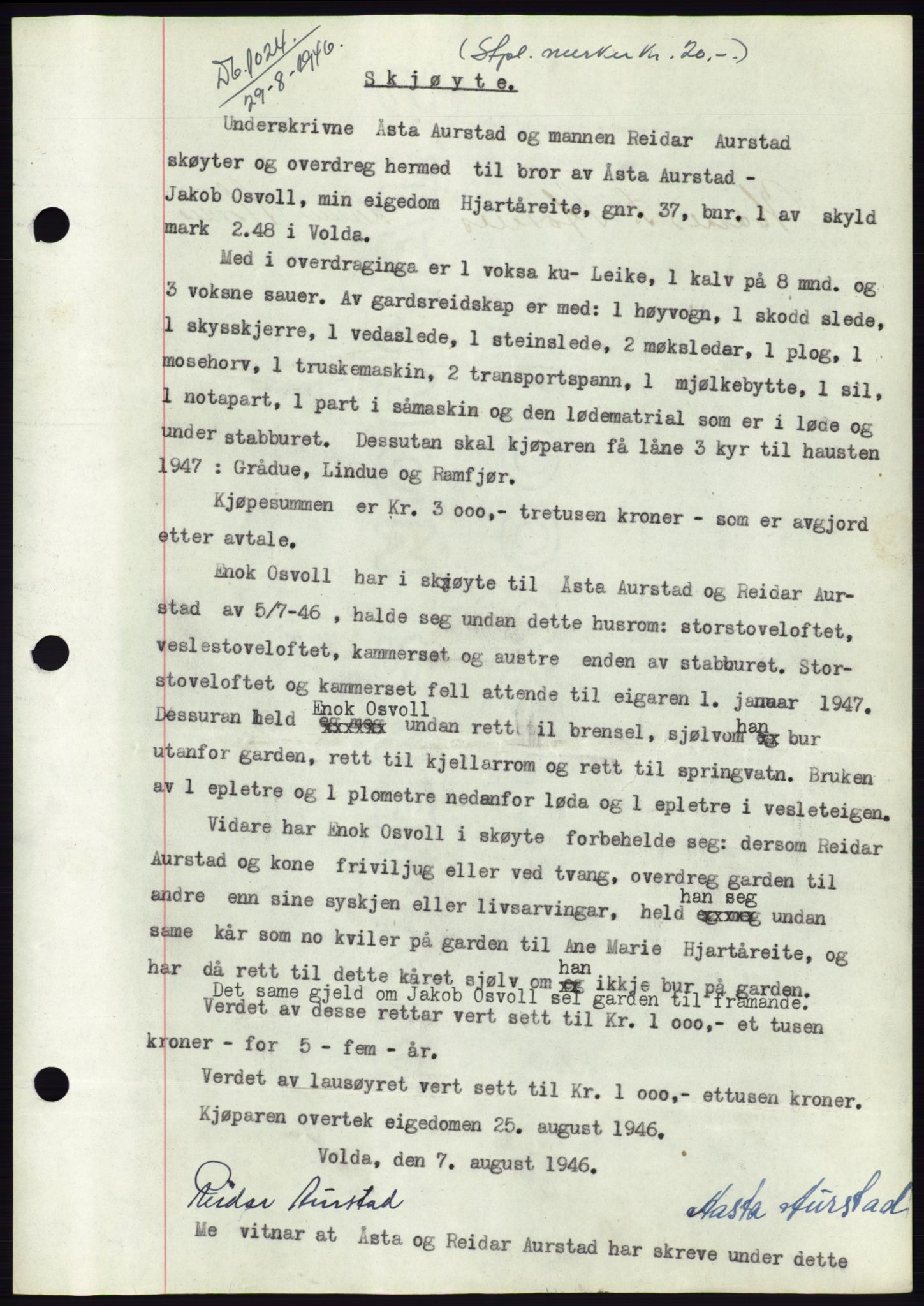Søre Sunnmøre sorenskriveri, SAT/A-4122/1/2/2C/L0078: Pantebok nr. 4A, 1946-1946, Dagboknr: 1024/1946