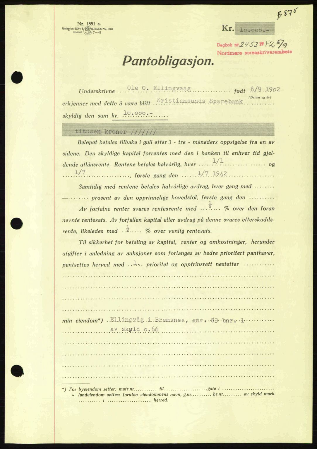 Nordmøre sorenskriveri, AV/SAT-A-4132/1/2/2Ca: Pantebok nr. B89, 1942-1942, Dagboknr: 2453/1942