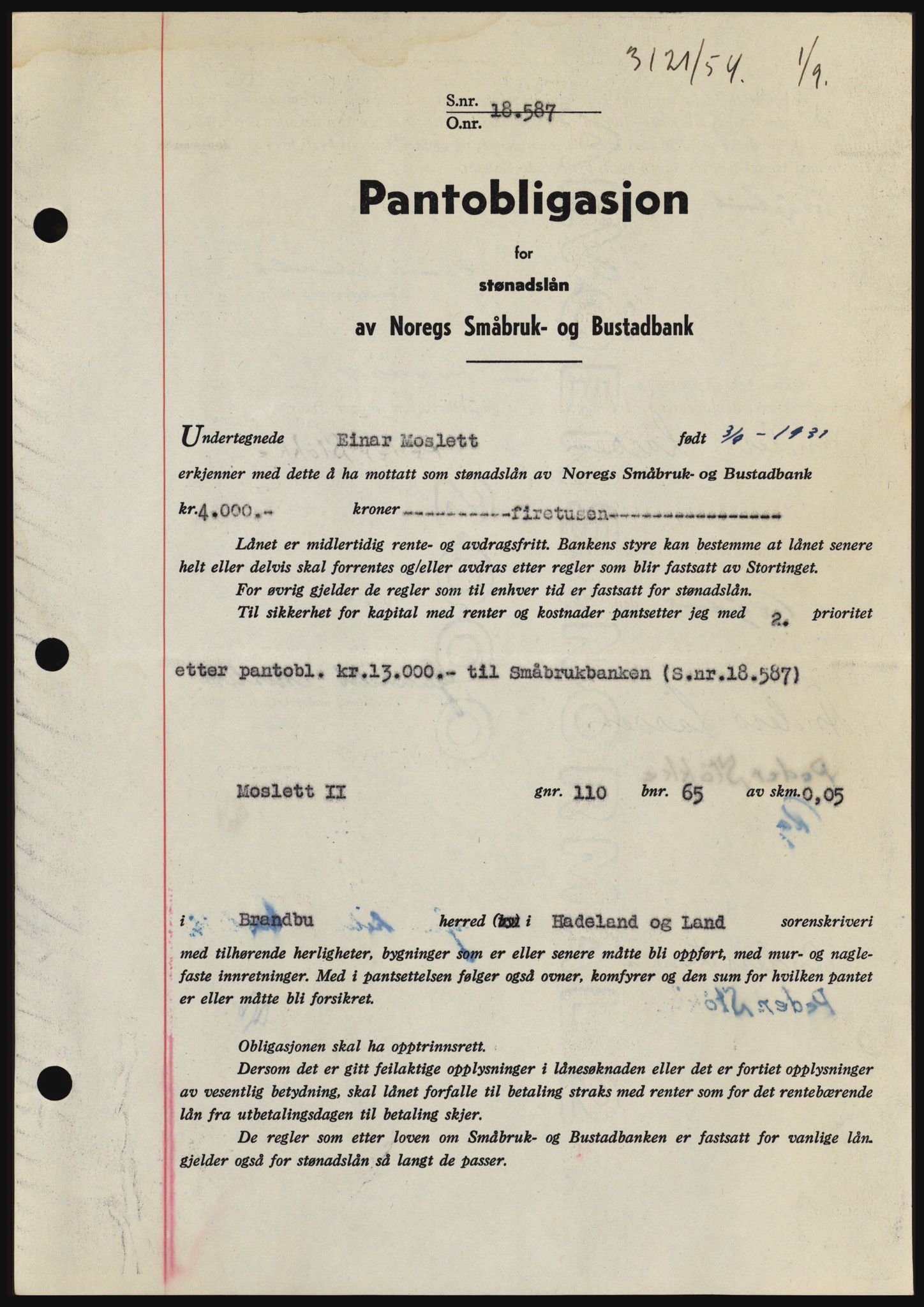 Hadeland og Land tingrett, SAH/TING-010/H/Hb/Hbc/L0030: Pantebok nr. B30, 1954-1954, Dagboknr: 3121/1954