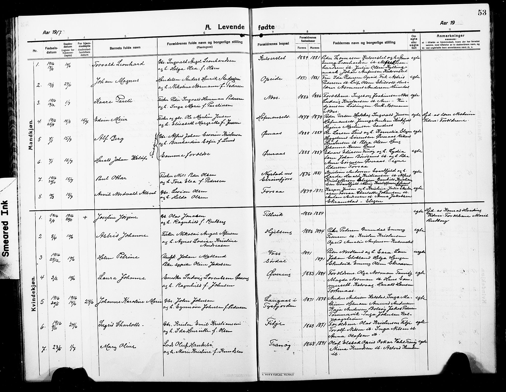 Ministerialprotokoller, klokkerbøker og fødselsregistre - Nordland, AV/SAT-A-1459/859/L0861: Klokkerbok nr. 859C07, 1910-1925, s. 53