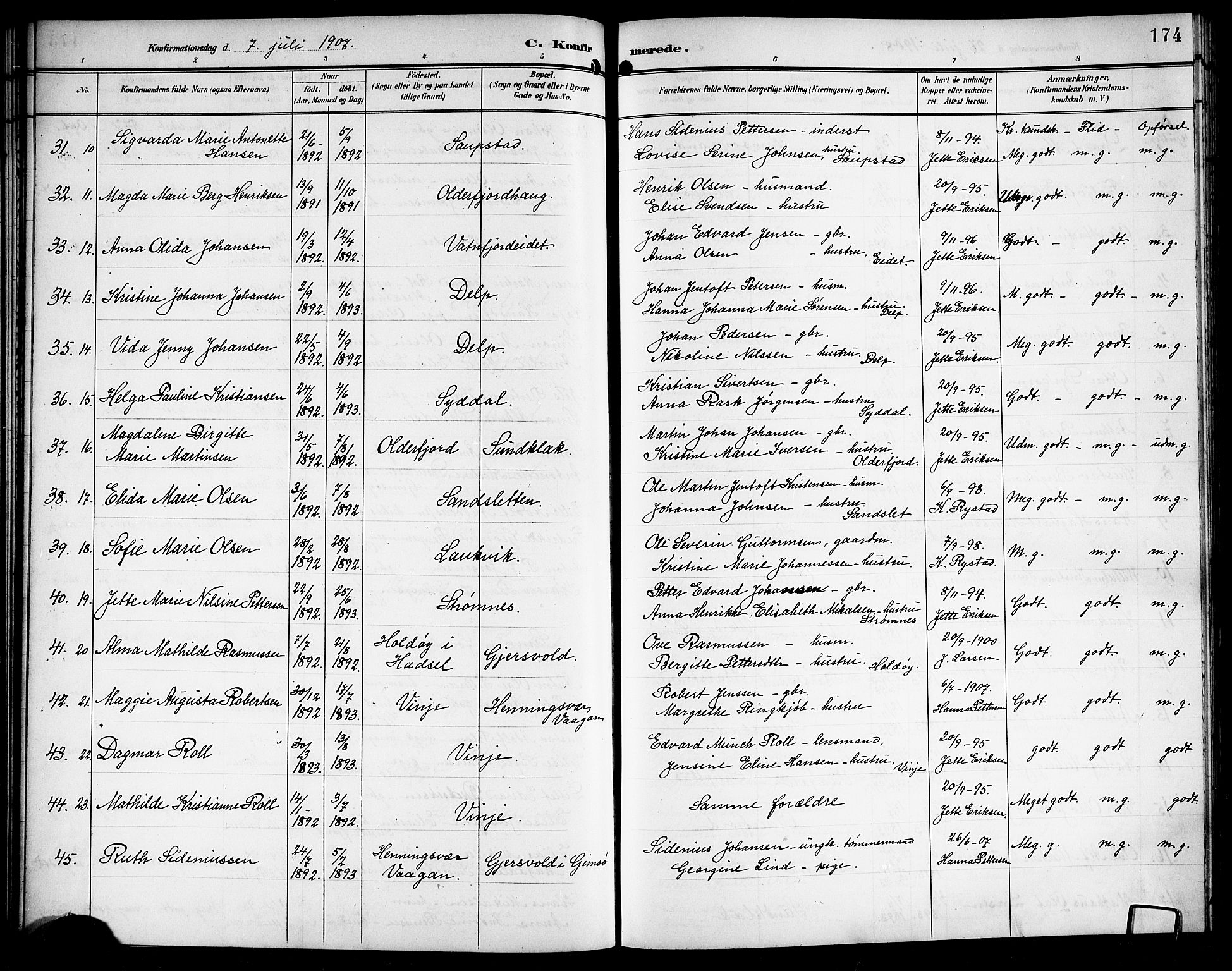 Ministerialprotokoller, klokkerbøker og fødselsregistre - Nordland, AV/SAT-A-1459/876/L1105: Klokkerbok nr. 876C04, 1896-1914, s. 174