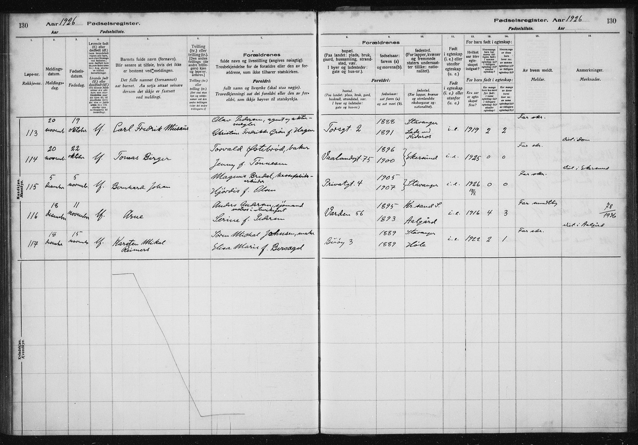 St. Petri sokneprestkontor, AV/SAST-A-101813/002/A/L0002: Fødselsregister nr. 2, 1922-1929, s. 130