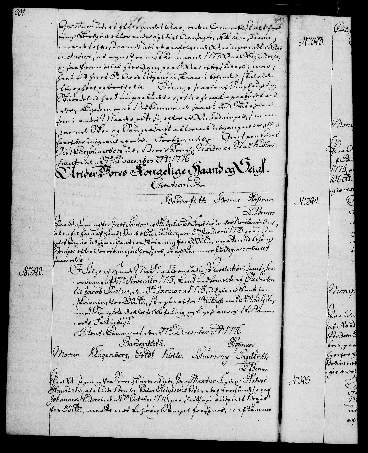 Rentekammeret, Kammerkanselliet, AV/RA-EA-3111/G/Gg/Gga/L0010: Norsk ekspedisjonsprotokoll med register (merket RK 53.10), 1773-1778, s. 204