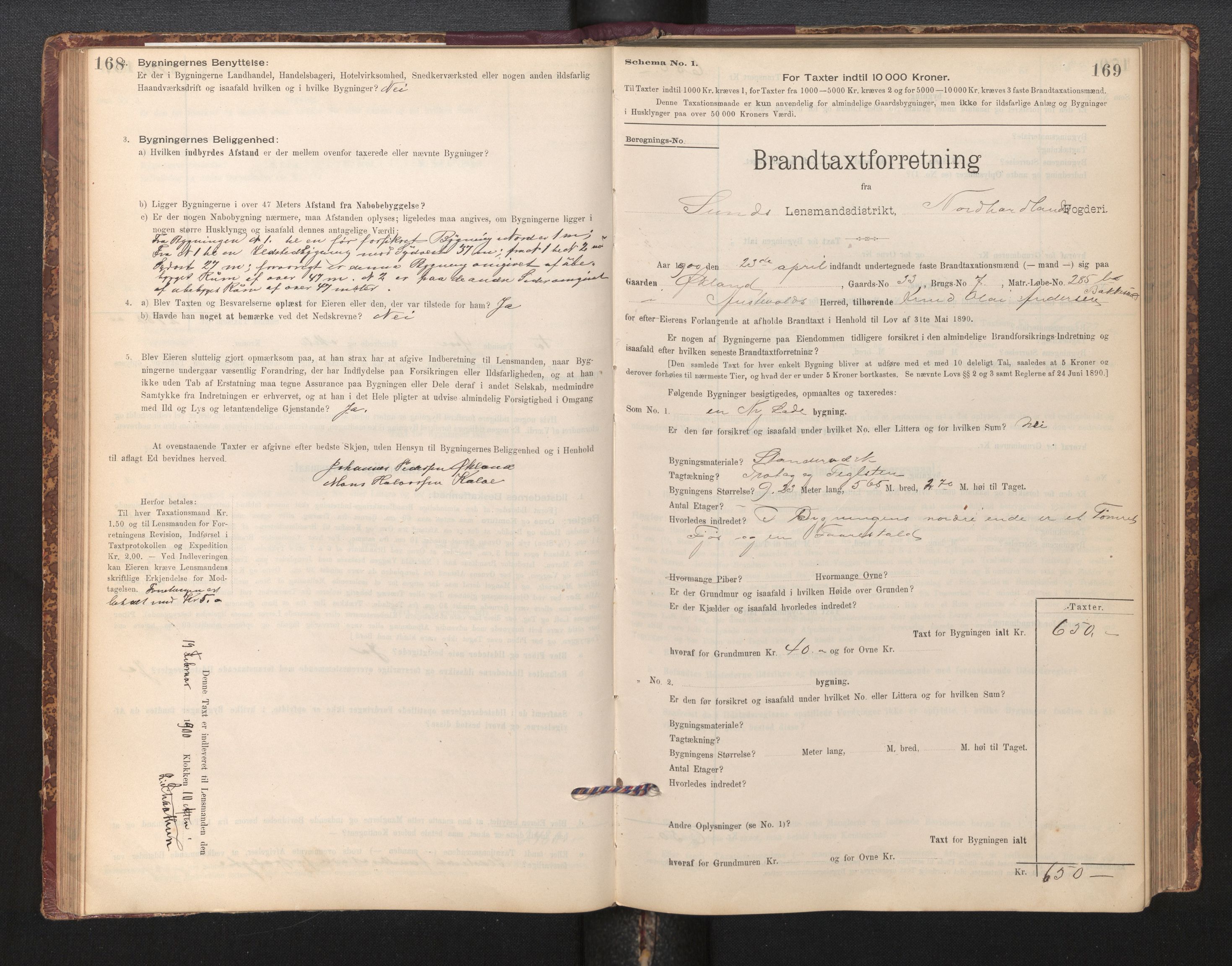 Lensmannen i Sund og Austevoll, AV/SAB-A-35201/0012/L0003: Branntakstprotokoll, skjematakst, 1894-1917, s. 168-169