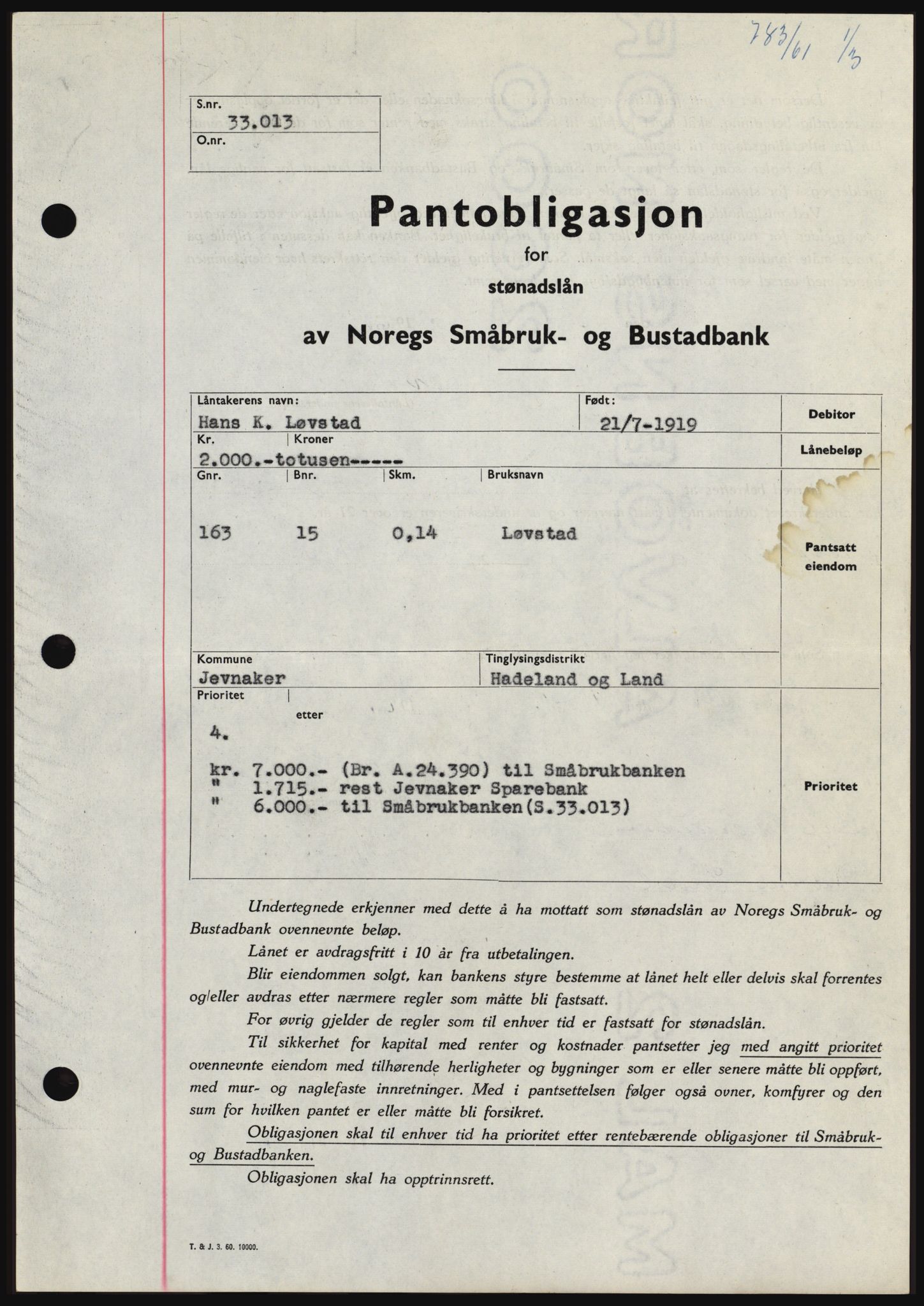 Hadeland og Land tingrett, SAH/TING-010/H/Hb/Hbc/L0045: Pantebok nr. B45, 1961-1961, Dagboknr: 783/1961