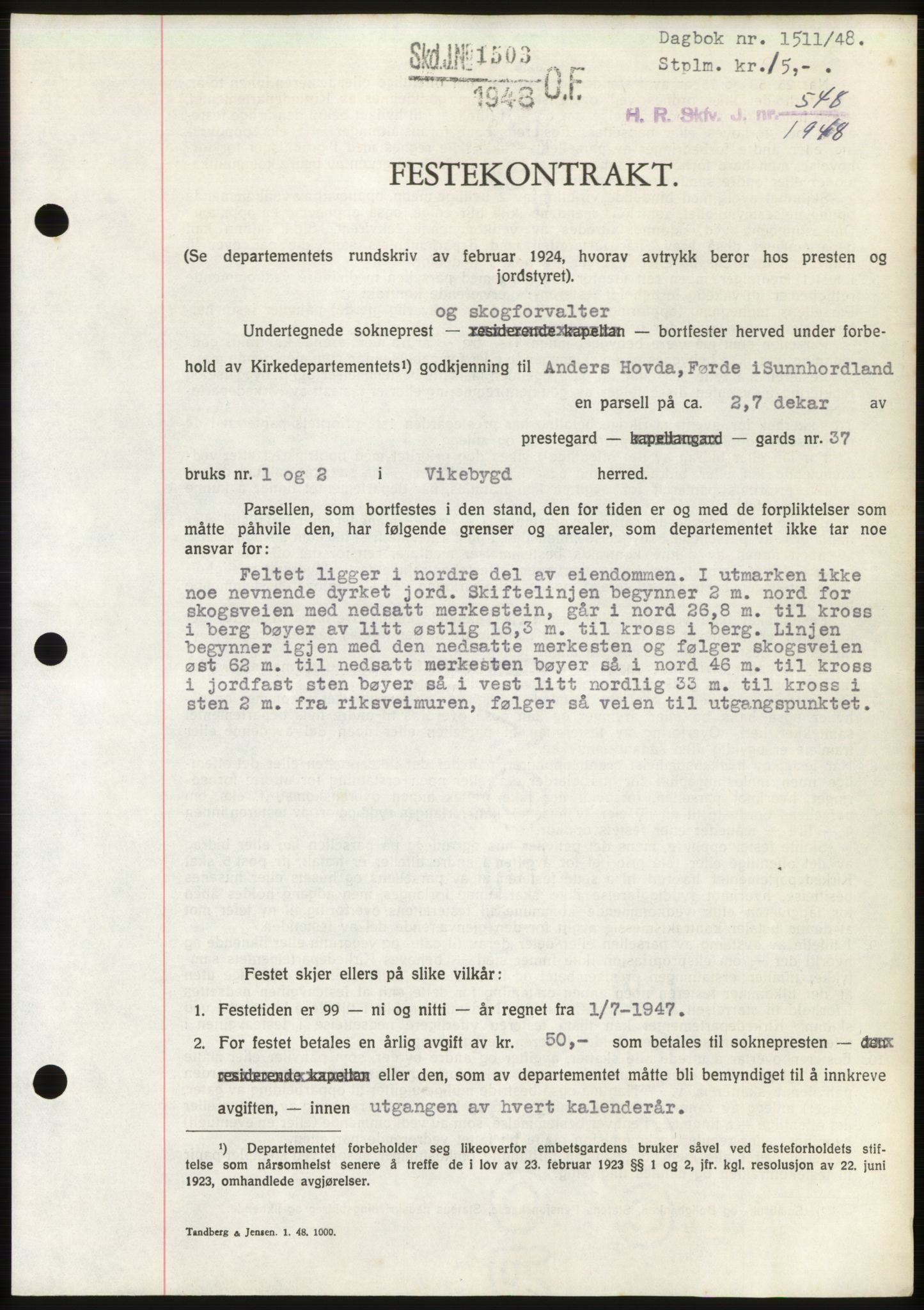 Sunnhordland sorenskrivar, AV/SAB-A-2401: Pantebok nr. B75-79, 1948-1950, Dagboknr: 1511/1948