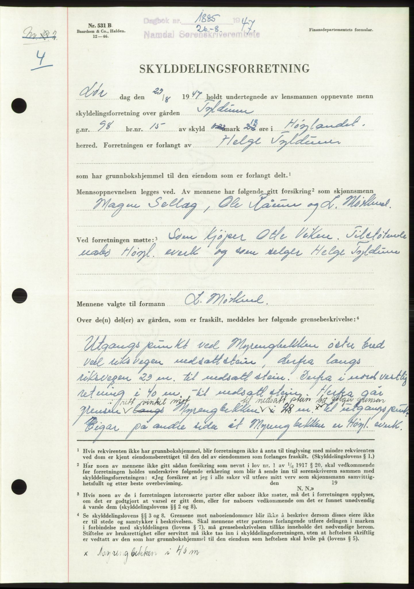 Namdal sorenskriveri, SAT/A-4133/1/2/2C: Pantebok nr. -, 1947-1947, Dagboknr: 1885/1947