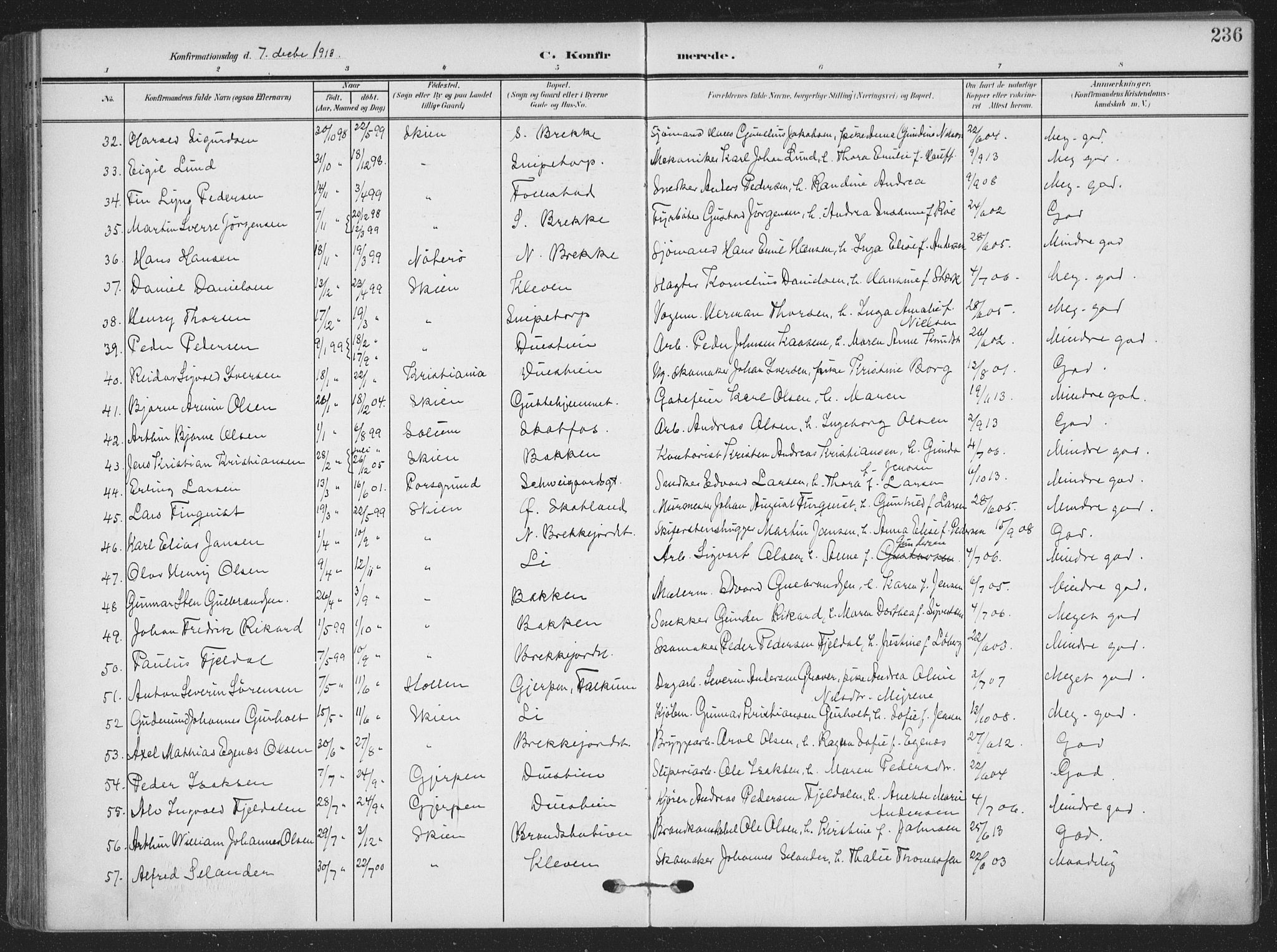 Skien kirkebøker, AV/SAKO-A-302/F/Fa/L0012: Ministerialbok nr. 12, 1908-1914, s. 236