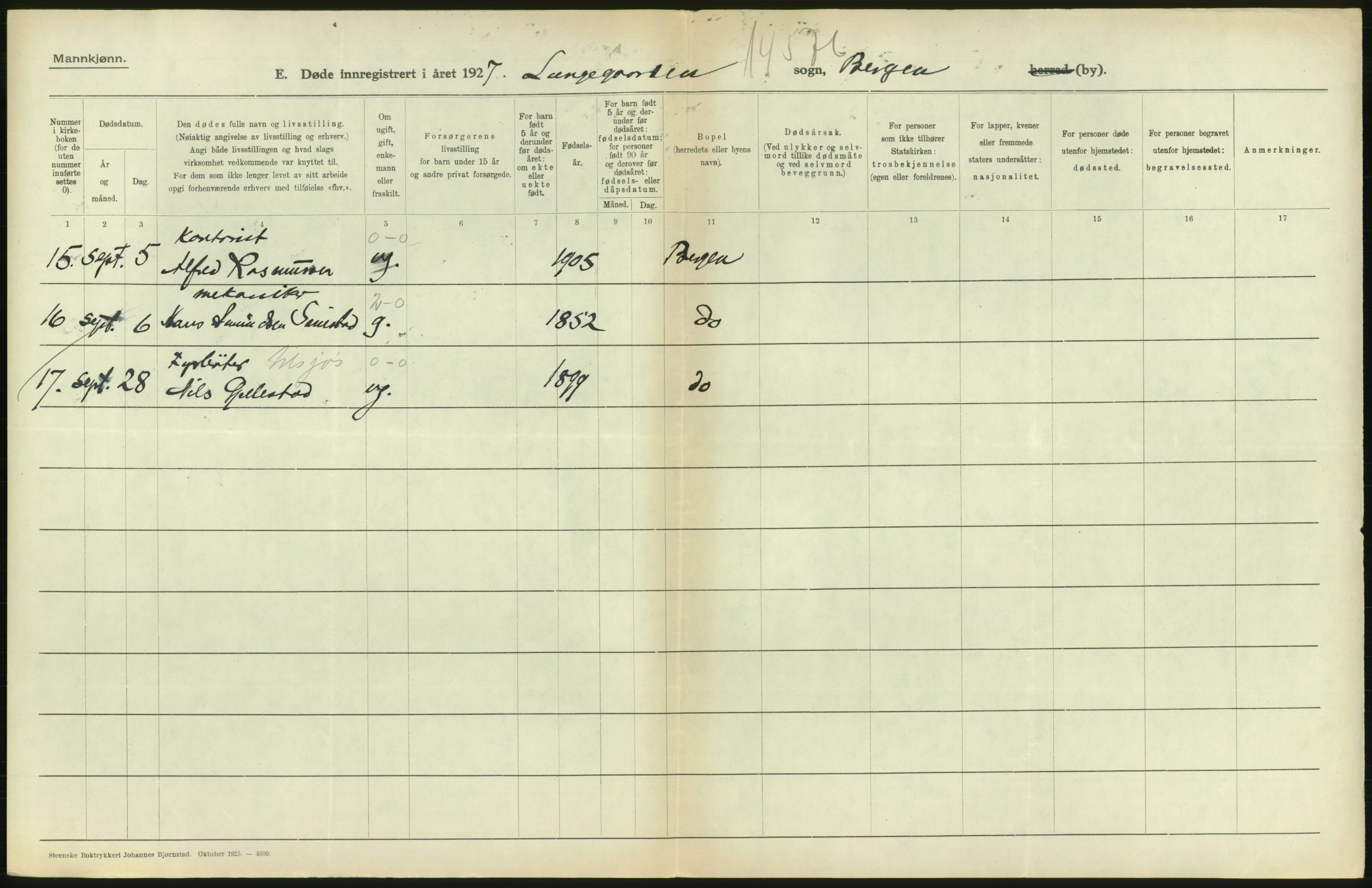 Statistisk sentralbyrå, Sosiodemografiske emner, Befolkning, AV/RA-S-2228/D/Df/Dfc/Dfcg/L0028: Bergen: Gifte, døde., 1927, s. 630