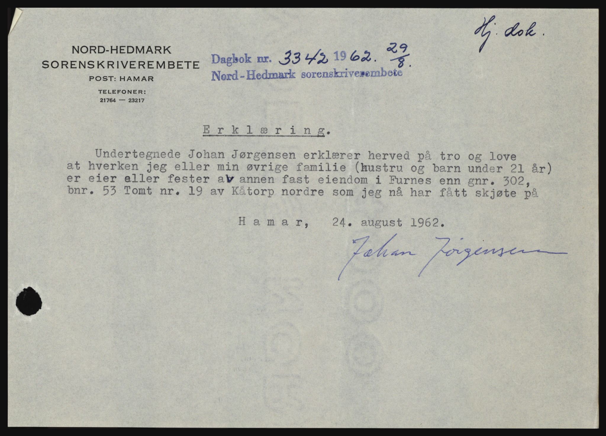 Nord-Hedmark sorenskriveri, SAH/TING-012/H/Hc/L0016: Pantebok nr. 16, 1962-1962, Dagboknr: 3342/1962