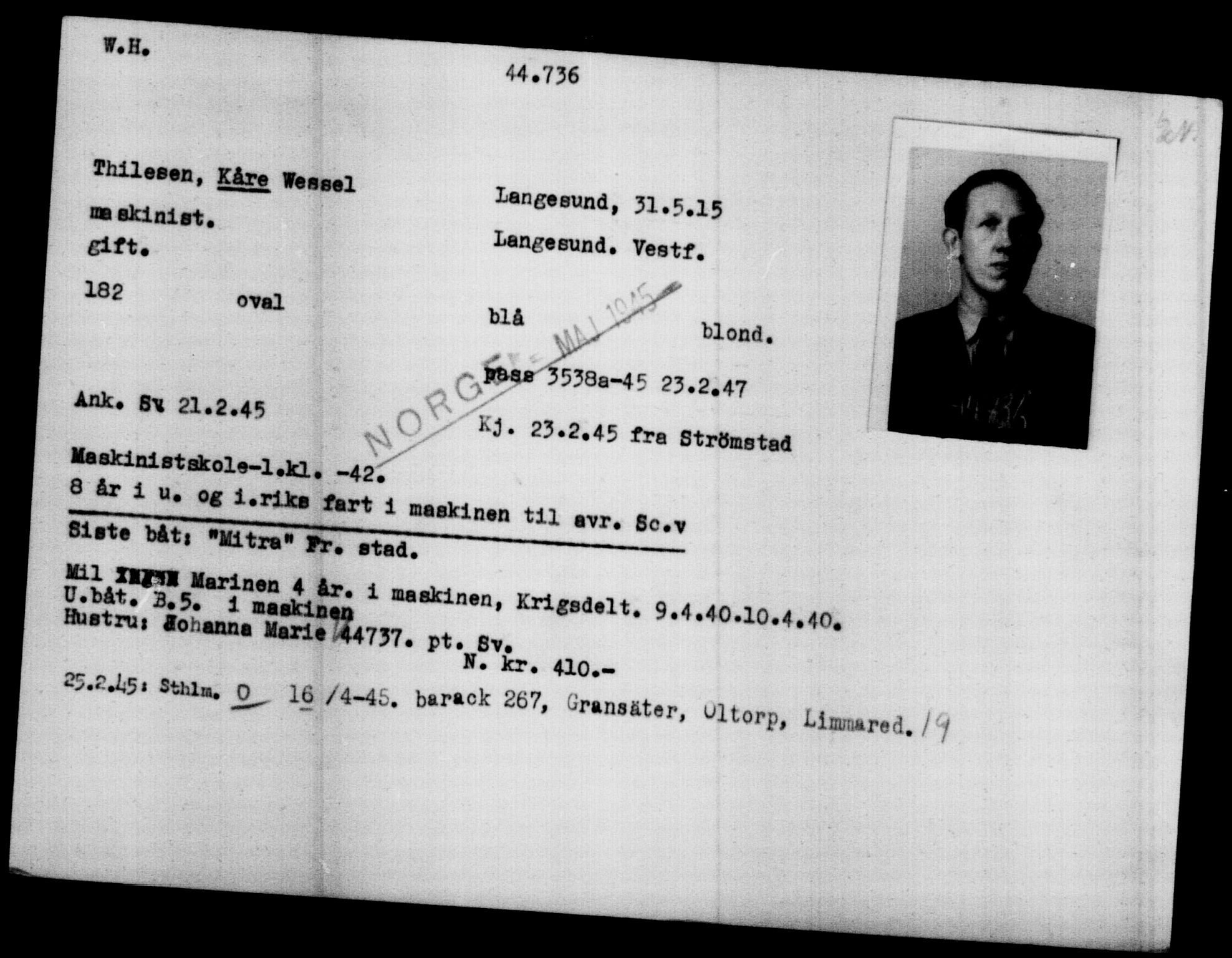 Utenriksstasjonene, Legasjonen i Stockholm, Flyktningkontoret, AV/RA-S-6753/V/Va/L0017: Kjesäterkartoteket, flyktninger med registreringsnr. 43400-46318, 1940-1945, s. 1402