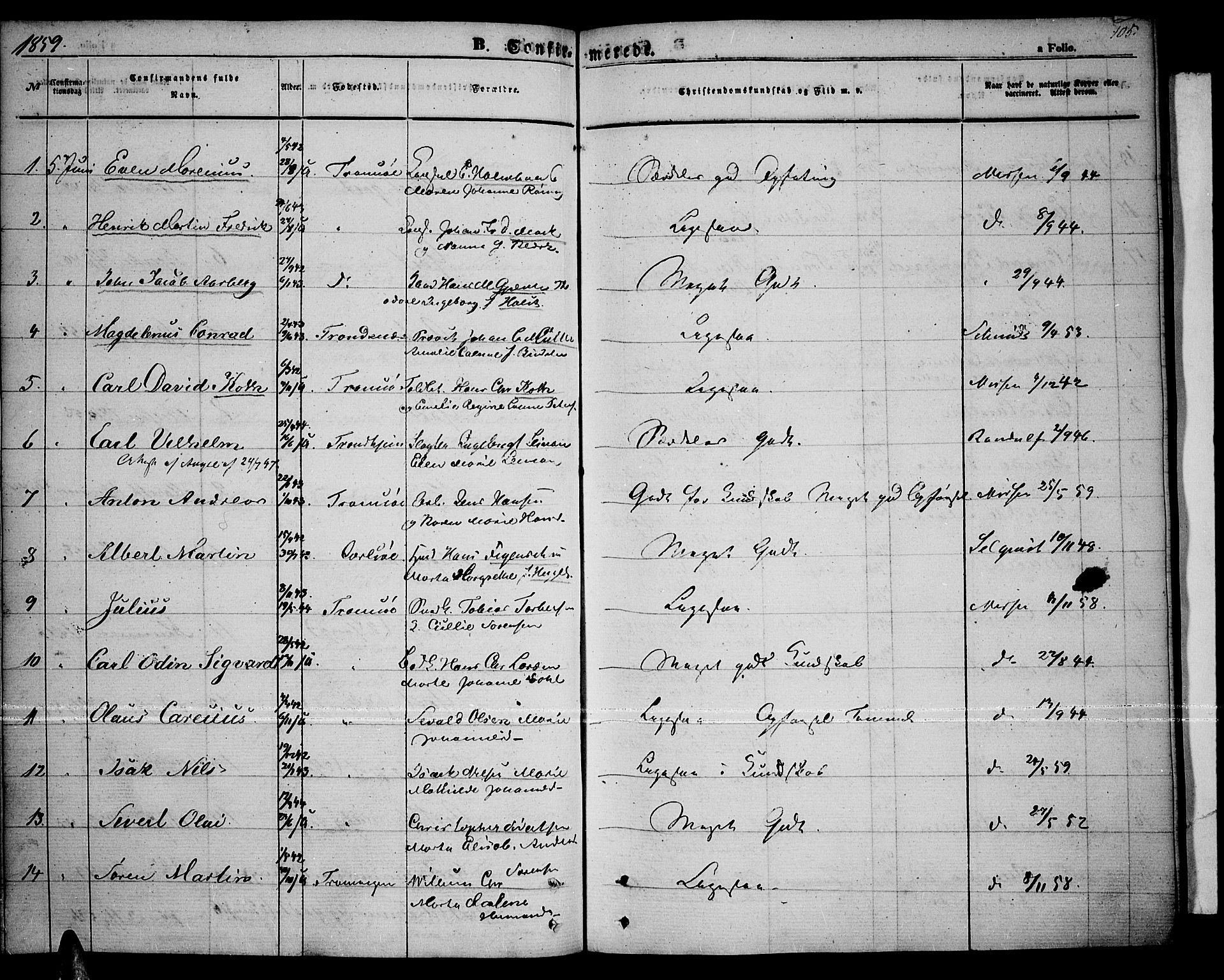 Tromsø sokneprestkontor/stiftsprosti/domprosti, AV/SATØ-S-1343/G/Gb/L0006klokker: Klokkerbok nr. 6, 1857-1866, s. 105
