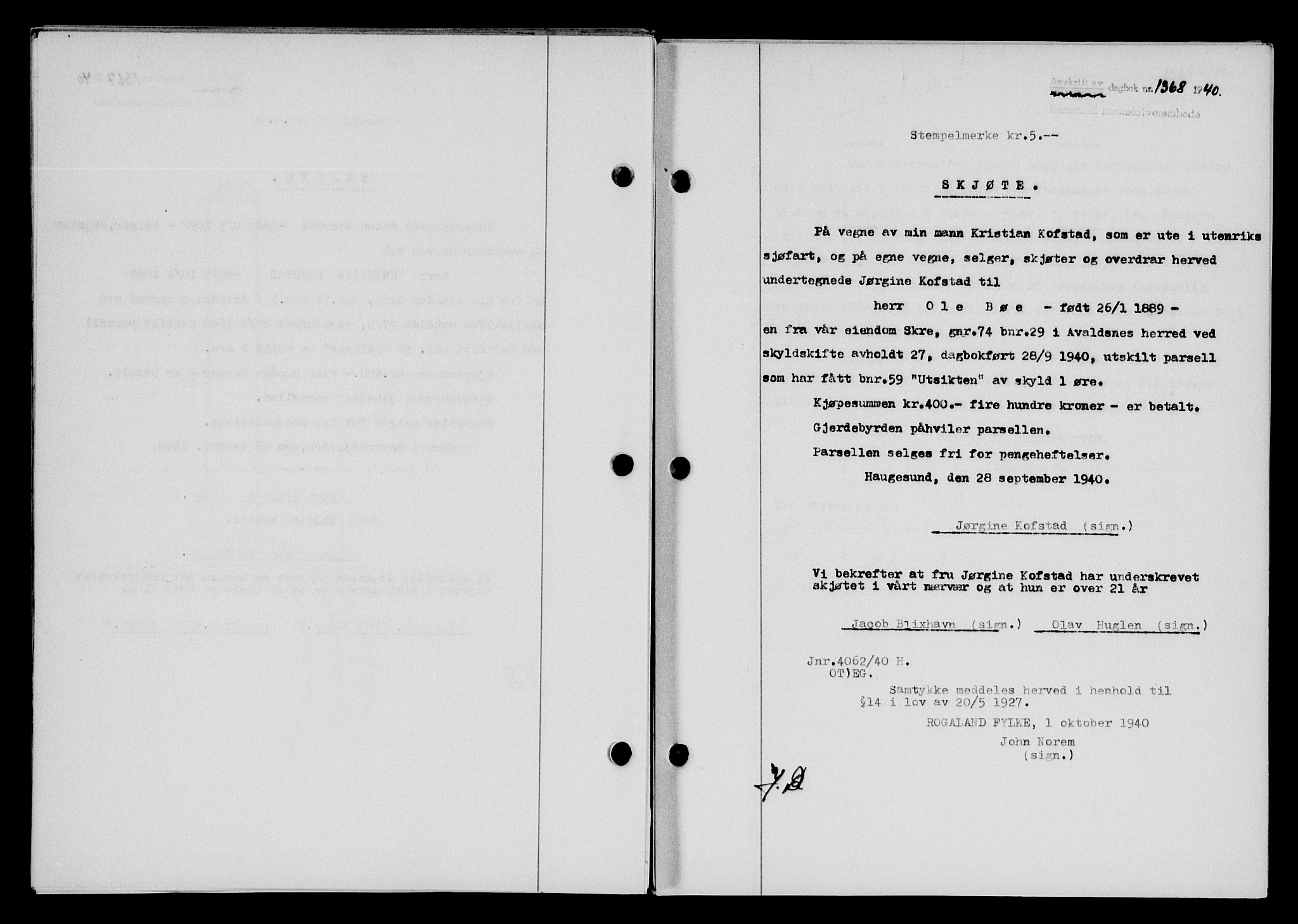 Karmsund sorenskriveri, SAST/A-100311/01/II/IIB/L0074: Pantebok nr. 55A, 1940-1941, Dagboknr: 1368/1940