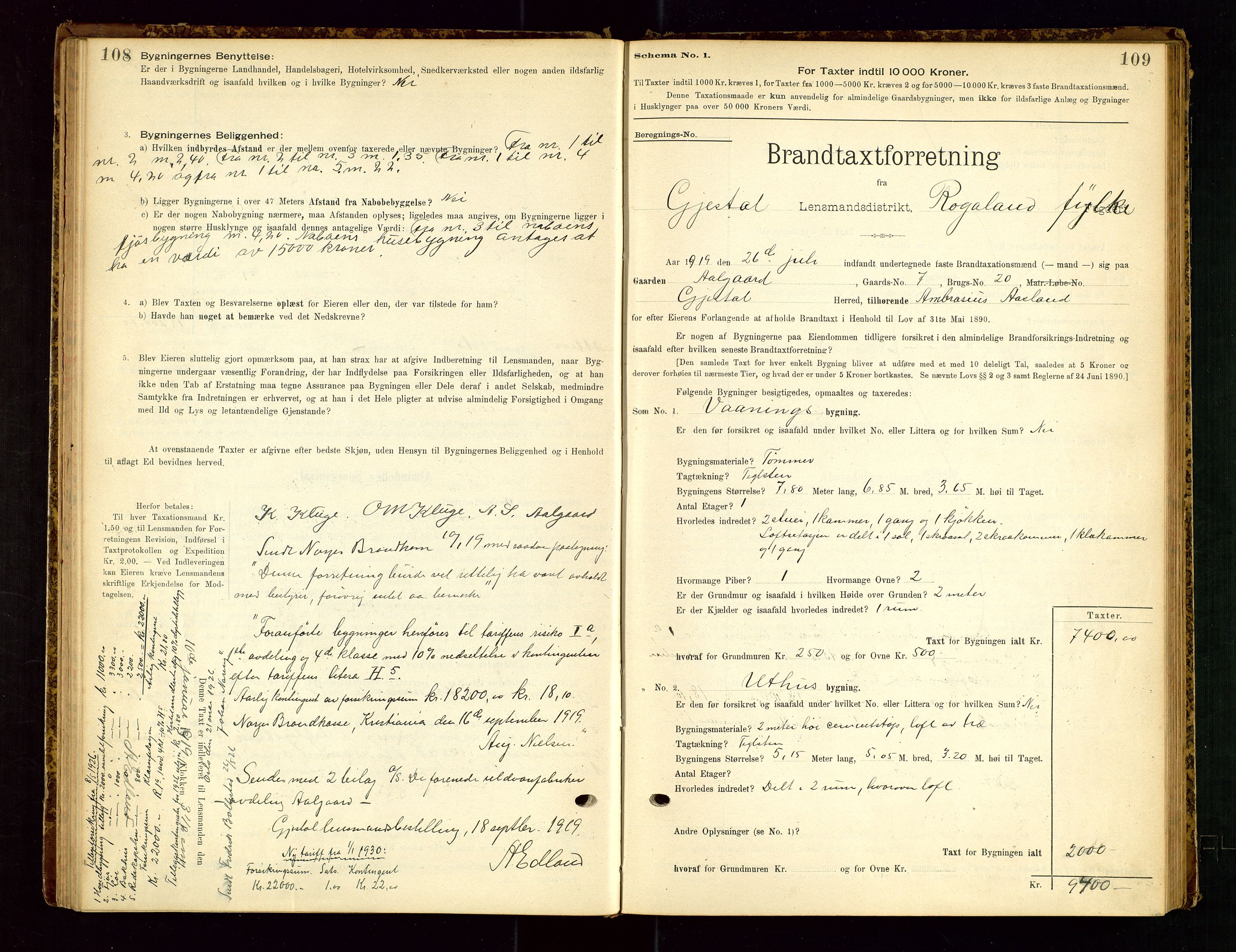 Gjesdal lensmannskontor, SAST/A-100441/Go/L0007: Branntakstskjemaprotokoll, 1894-1937, s. 108-109