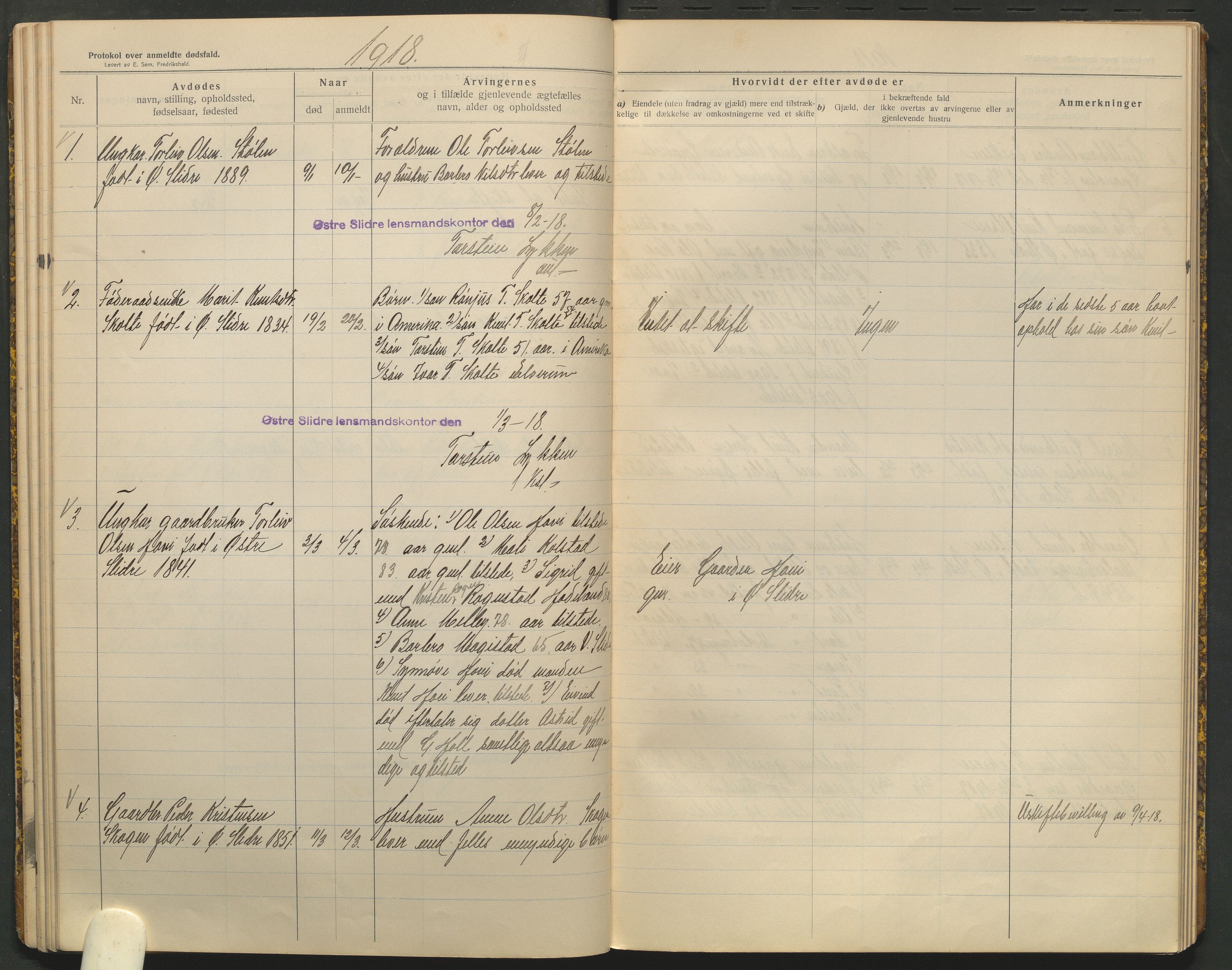 Øystre Slidre lensmannskontor, AV/SAH-LOØ-018/H/Ha/Haa/L0001/0002: Dødsfallsprotokoller / Dødsfallsprotokoll, 1911-1919