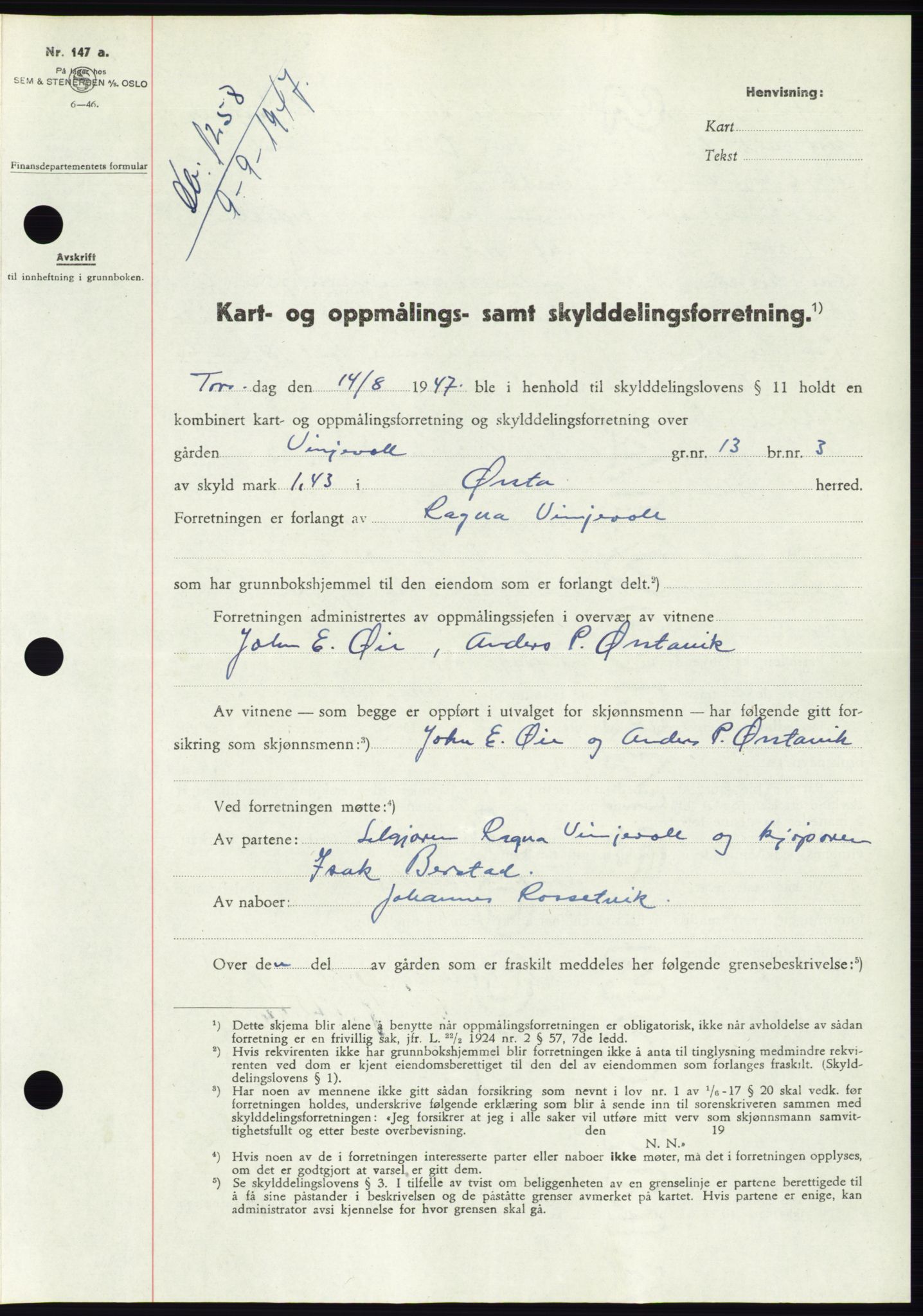 Søre Sunnmøre sorenskriveri, SAT/A-4122/1/2/2C/L0081: Pantebok nr. 7A, 1947-1948, Dagboknr: 1258/1947