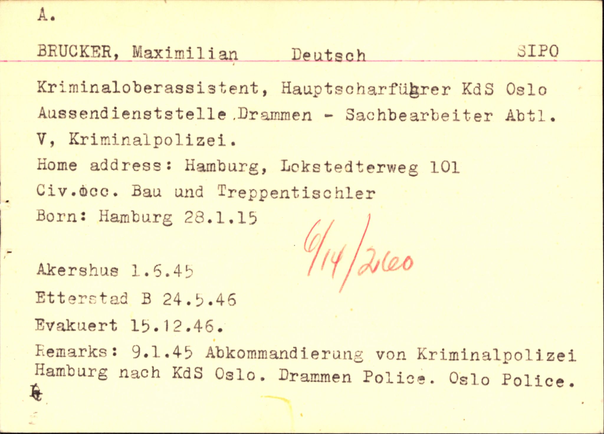 Forsvaret, Forsvarets overkommando II, RA/RAFA-3915/D/Db/L0004: CI Questionaires. Tyske okkupasjonsstyrker i Norge. Tyskere., 1945-1946, s. 346