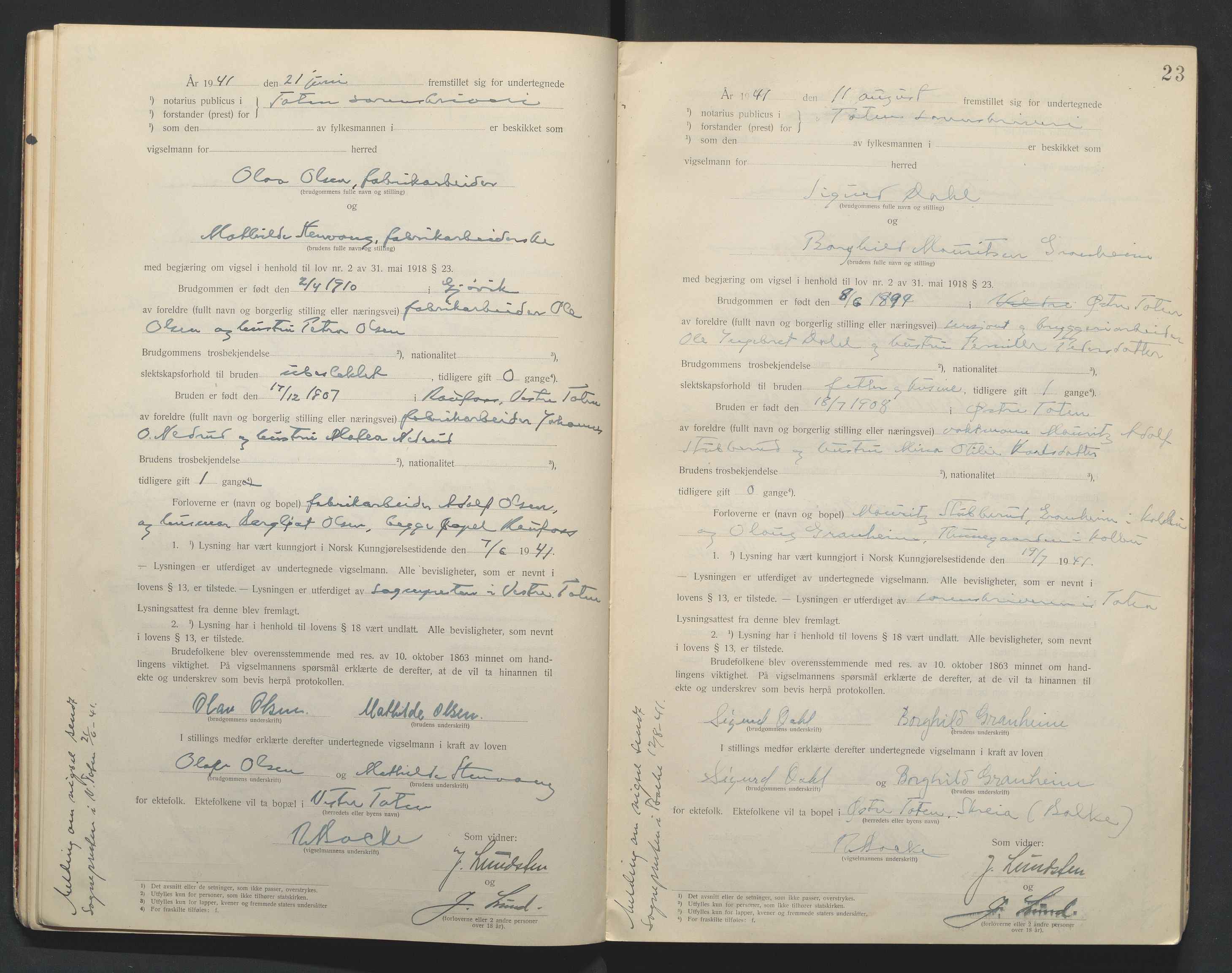 Toten tingrett, AV/SAH-TING-006/L/Lc/L0001: Vigselbok, 1920-1942, s. 23