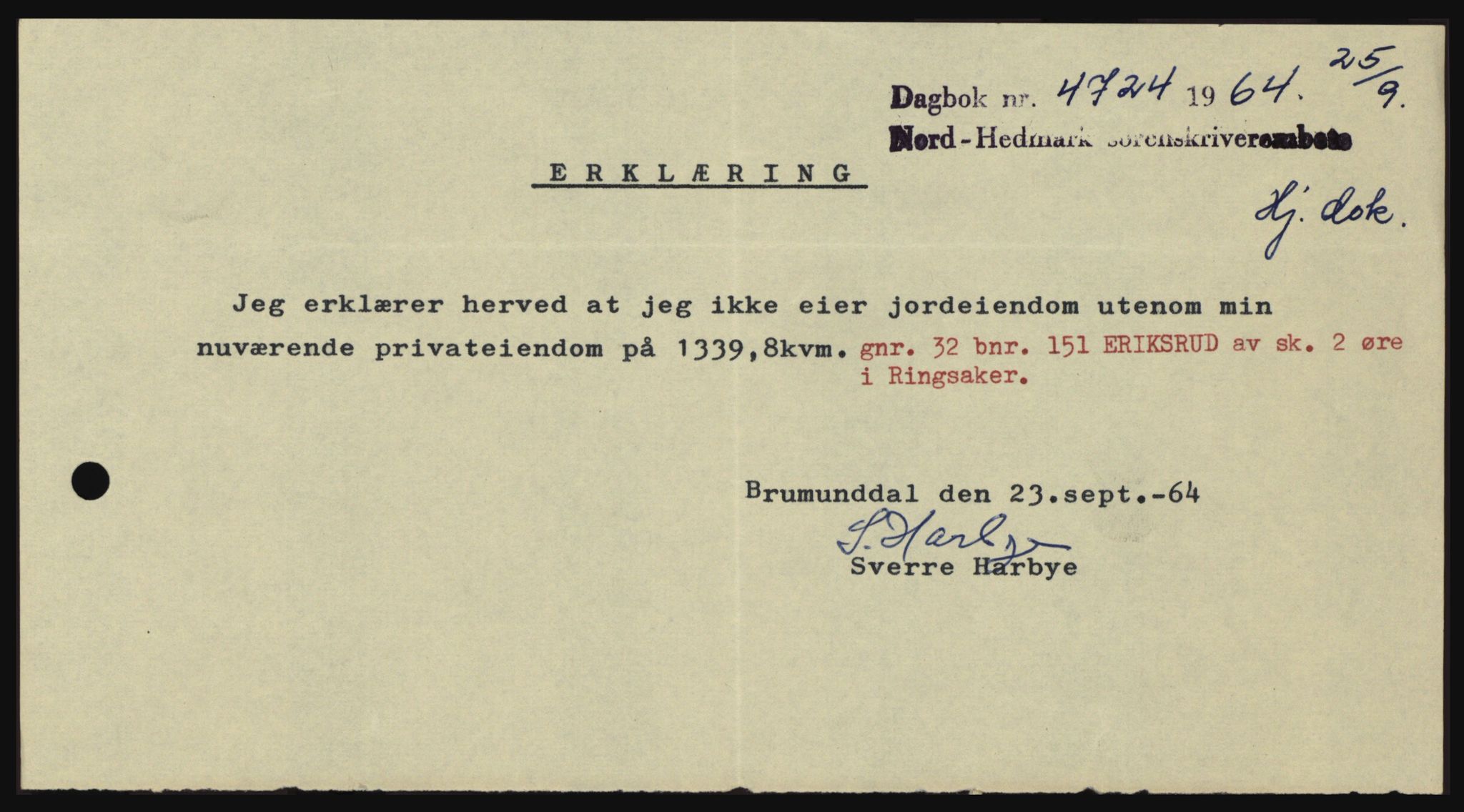 Nord-Hedmark sorenskriveri, SAH/TING-012/H/Hc/L0020: Pantebok nr. 20, 1964-1964, Dagboknr: 4724/1964