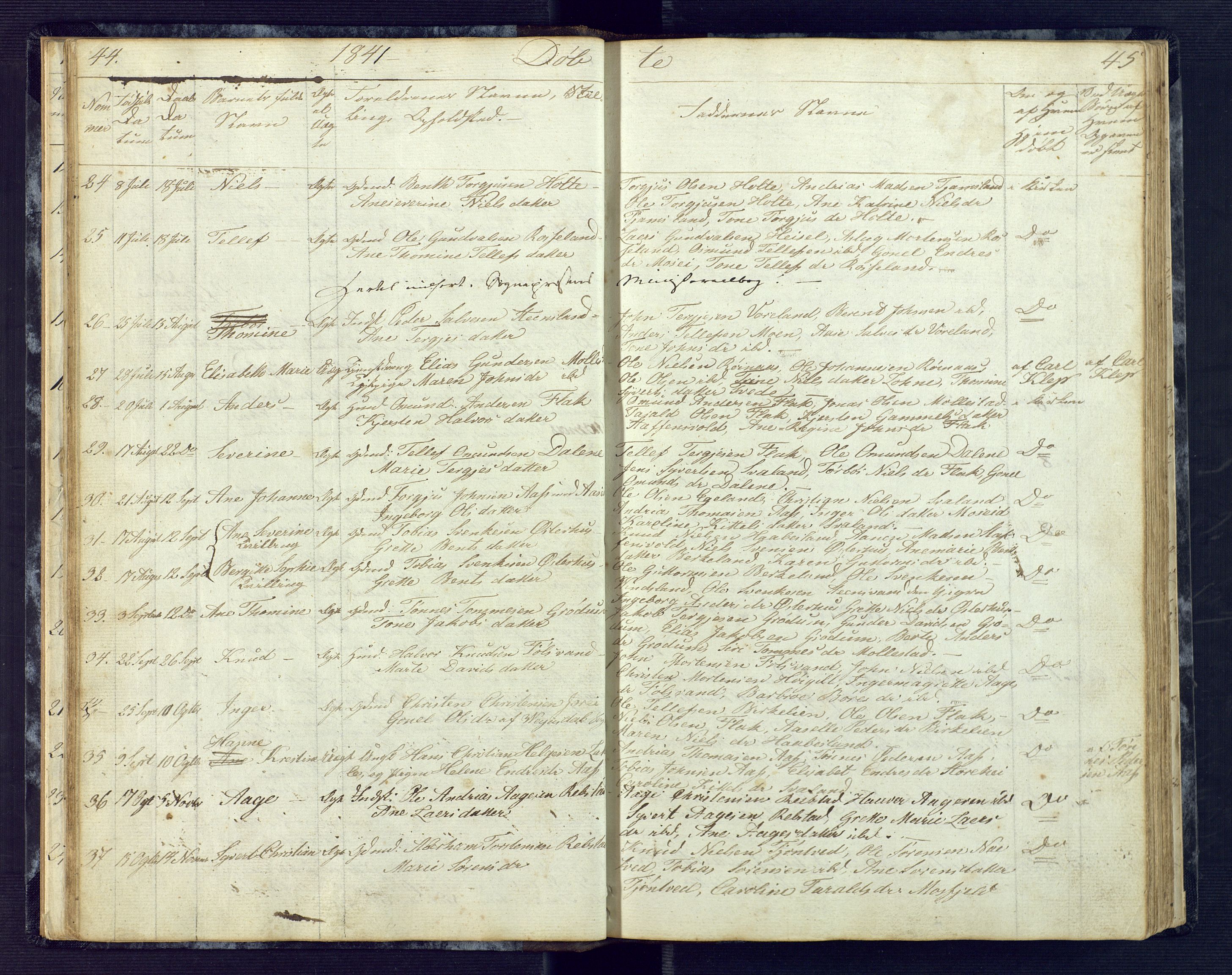 Birkenes sokneprestkontor, SAK/1111-0004/F/Fb/L0001: Klokkerbok nr. B 1, 1837-1856, s. 44-45