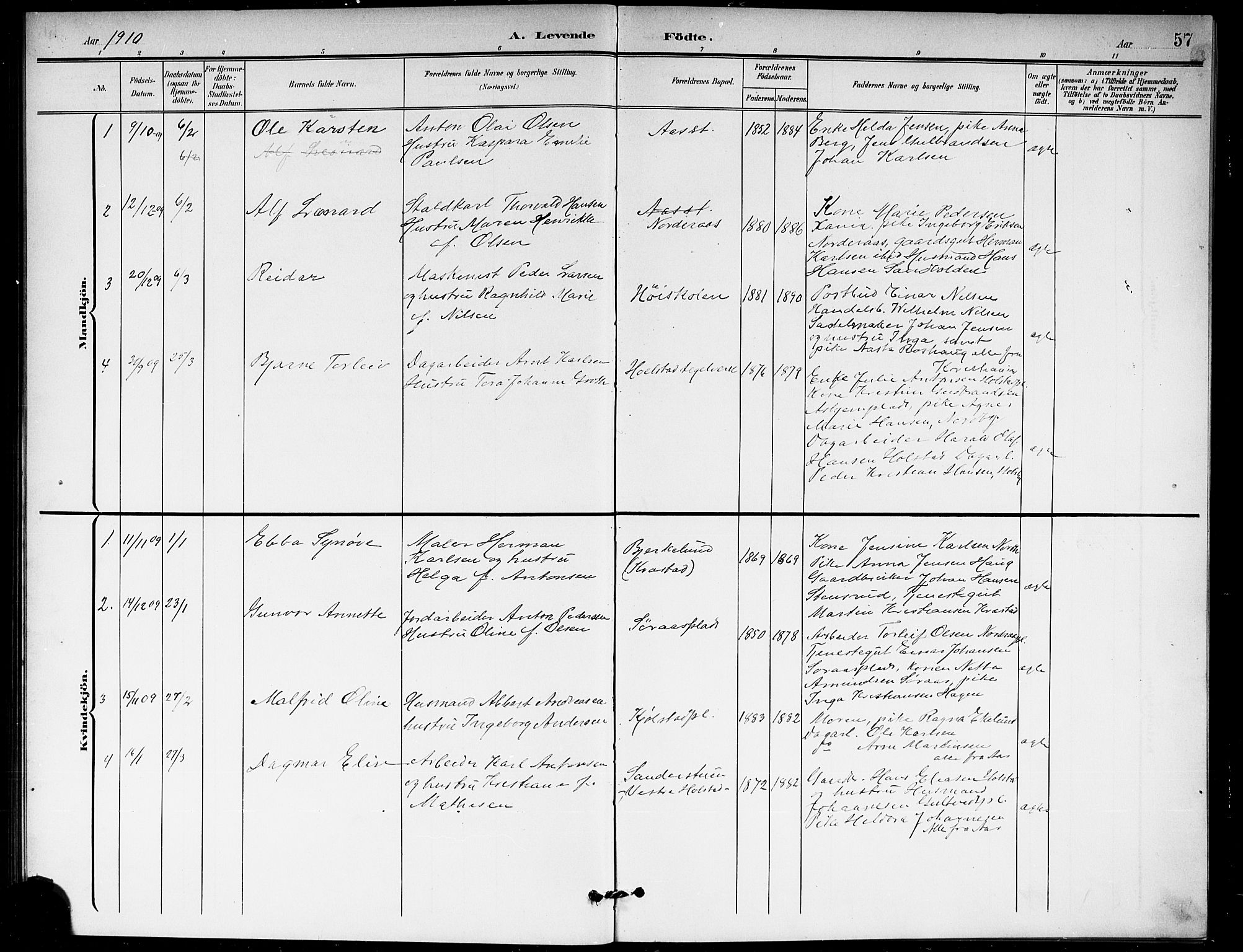 Ås prestekontor Kirkebøker, AV/SAO-A-10894/G/Ga/L0004: Klokkerbok nr. I 4, 1901-1915, s. 57