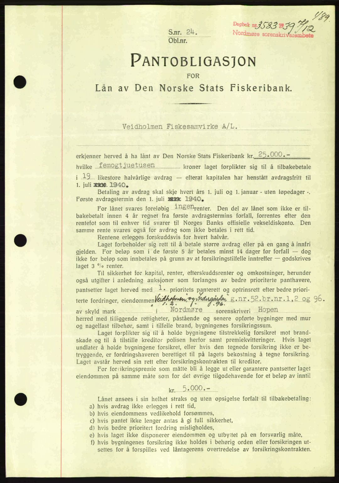 Nordmøre sorenskriveri, AV/SAT-A-4132/1/2/2Ca: Pantebok nr. B86, 1939-1940, Dagboknr: 3583/1939