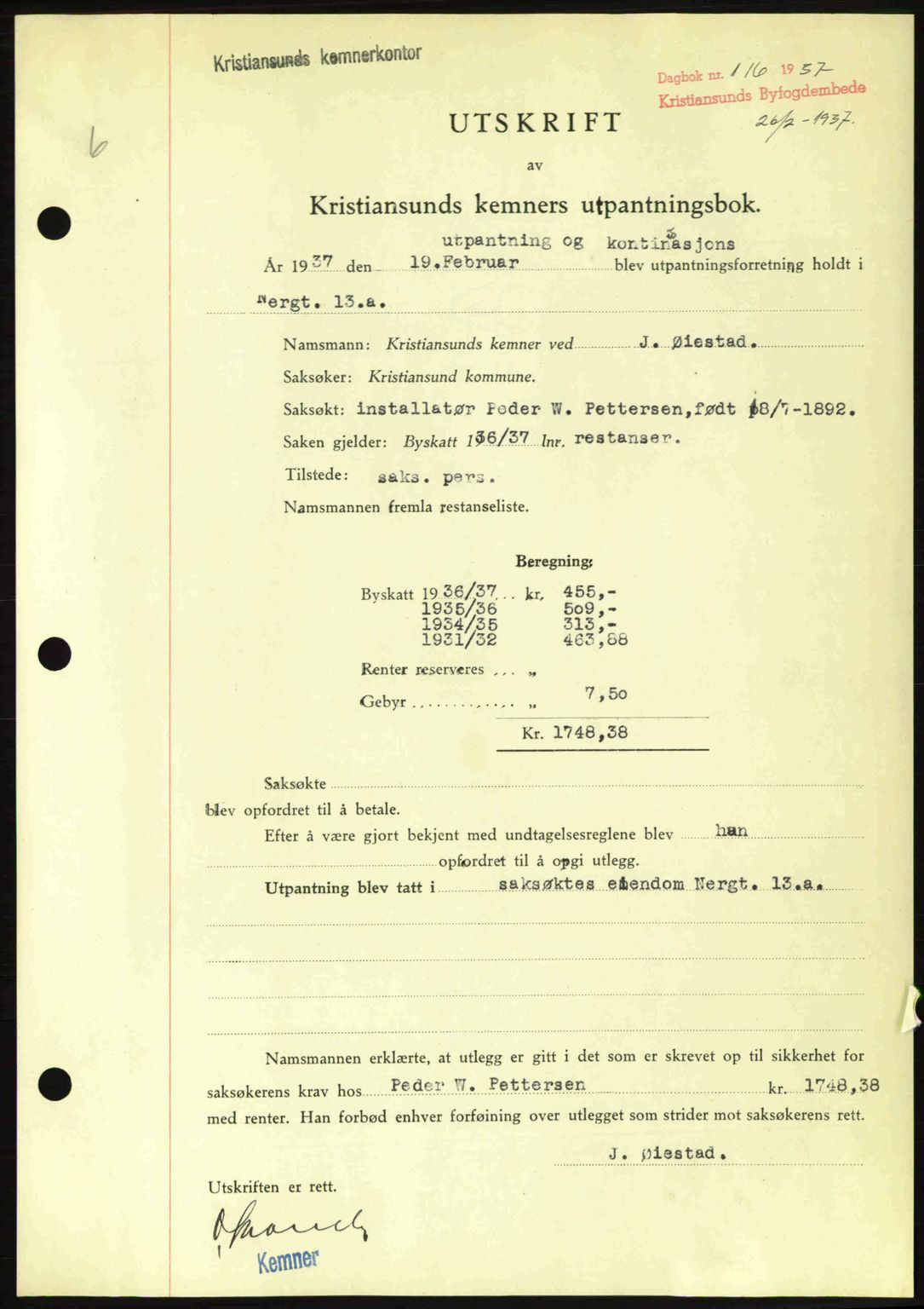 Kristiansund byfogd, SAT/A-4587/A/27: Pantebok nr. 29, 1936-1937, Dagboknr: 116/1937