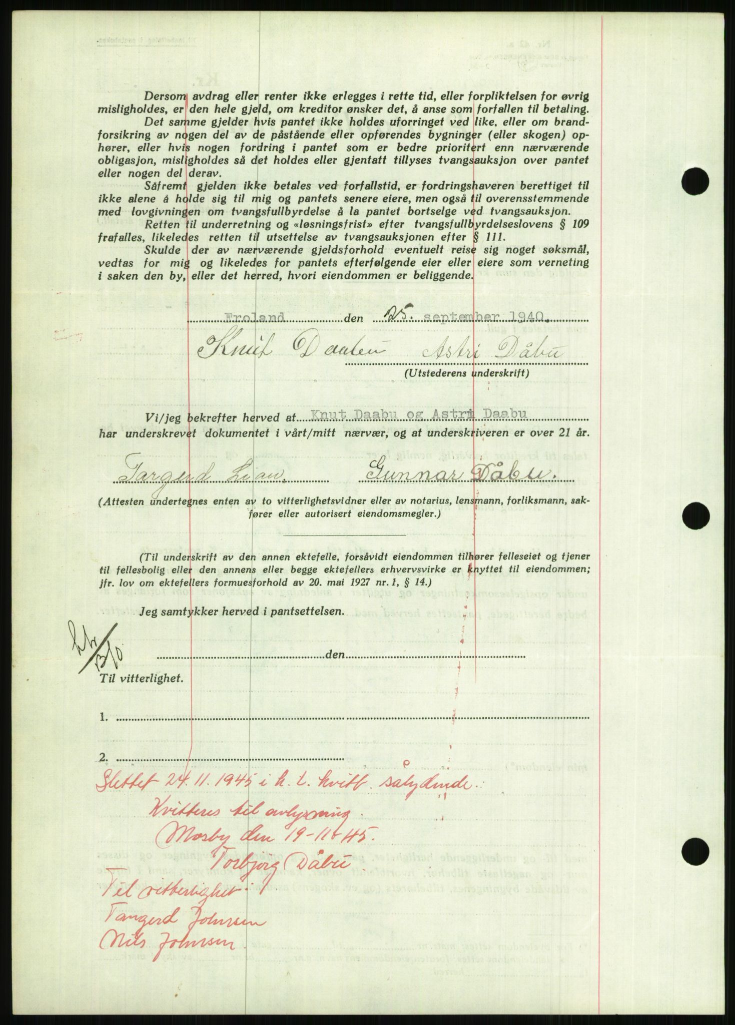 Nedenes sorenskriveri, AV/SAK-1221-0006/G/Gb/Gbb/L0001: Pantebok nr. I, 1939-1942, Dagboknr: 839/1940