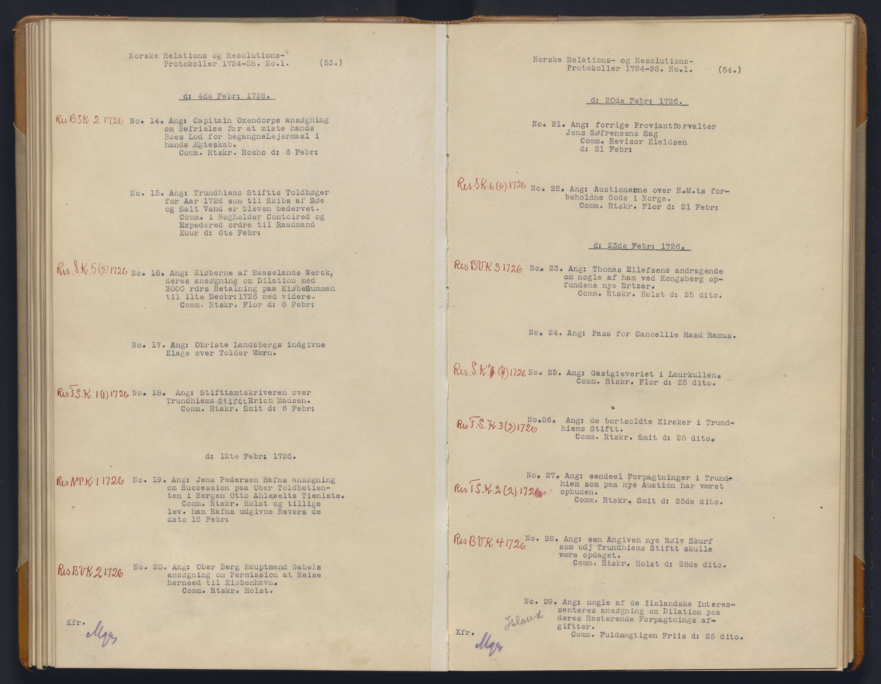 Avskriftsamlingen, AV/RA-EA-4022/F/Fb/L0115: Registratur over norske Relasjons- og resolusjonsprotkoller, 1724-1728, s. 47