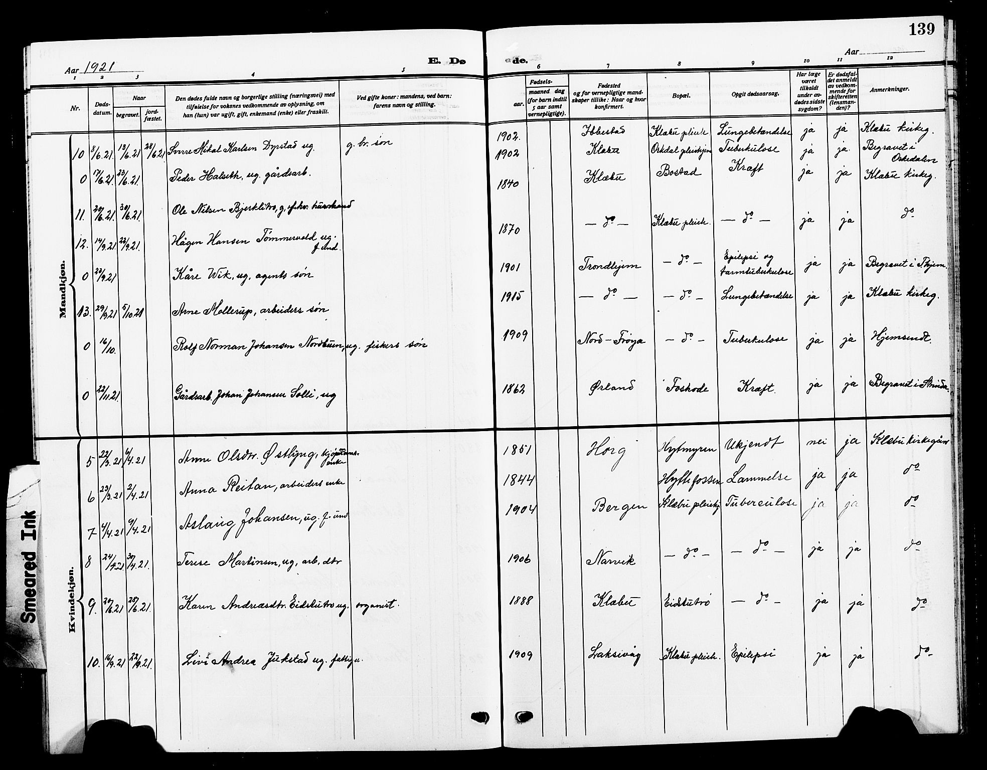 Ministerialprotokoller, klokkerbøker og fødselsregistre - Sør-Trøndelag, AV/SAT-A-1456/618/L0453: Klokkerbok nr. 618C04, 1907-1925, s. 139