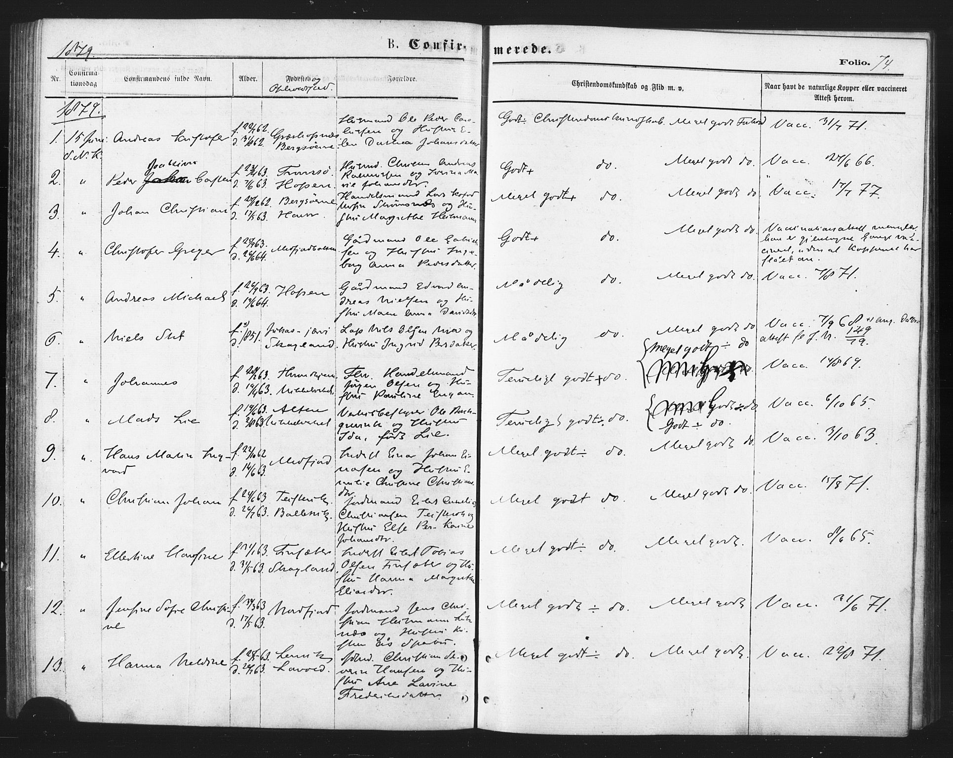 Berg sokneprestkontor, AV/SATØ-S-1318/G/Ga/Gaa/L0003kirke: Ministerialbok nr. 3, 1872-1879, s. 74