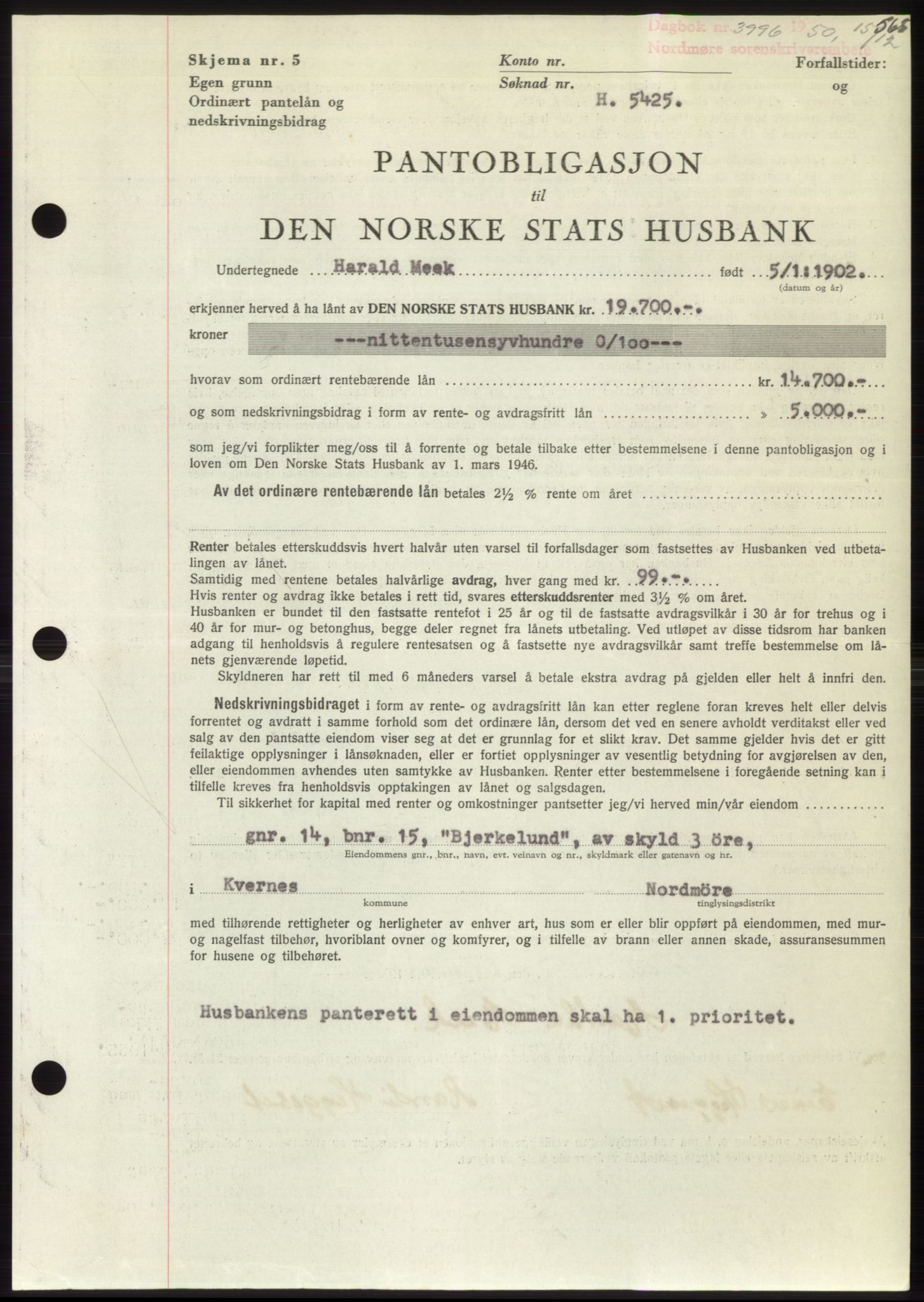 Nordmøre sorenskriveri, SAT/A-4132/1/2/2Ca: Pantebok nr. B106, 1950-1950, Dagboknr: 3996/1950
