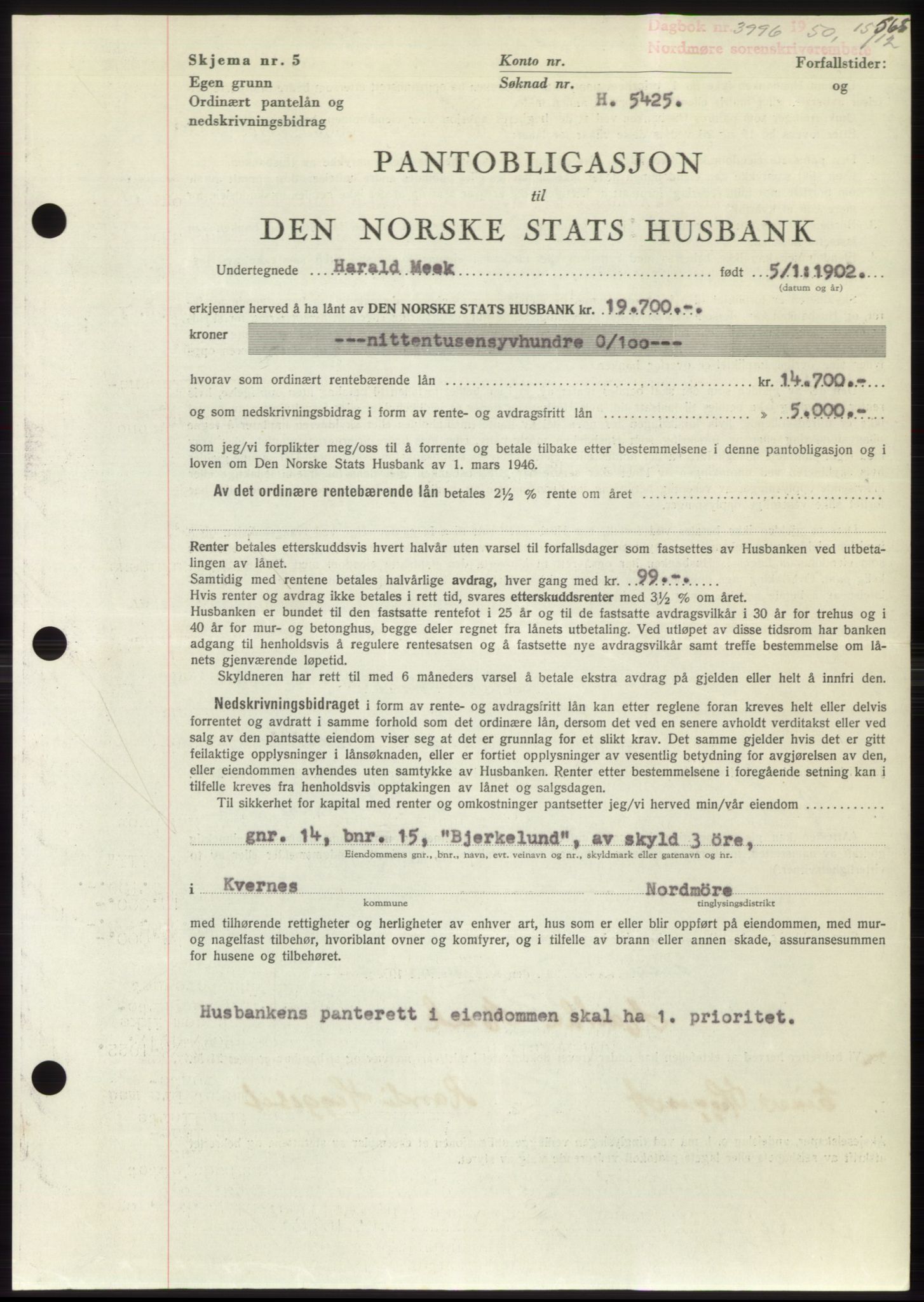 Nordmøre sorenskriveri, AV/SAT-A-4132/1/2/2Ca: Pantebok nr. B106, 1950-1950, Dagboknr: 3996/1950