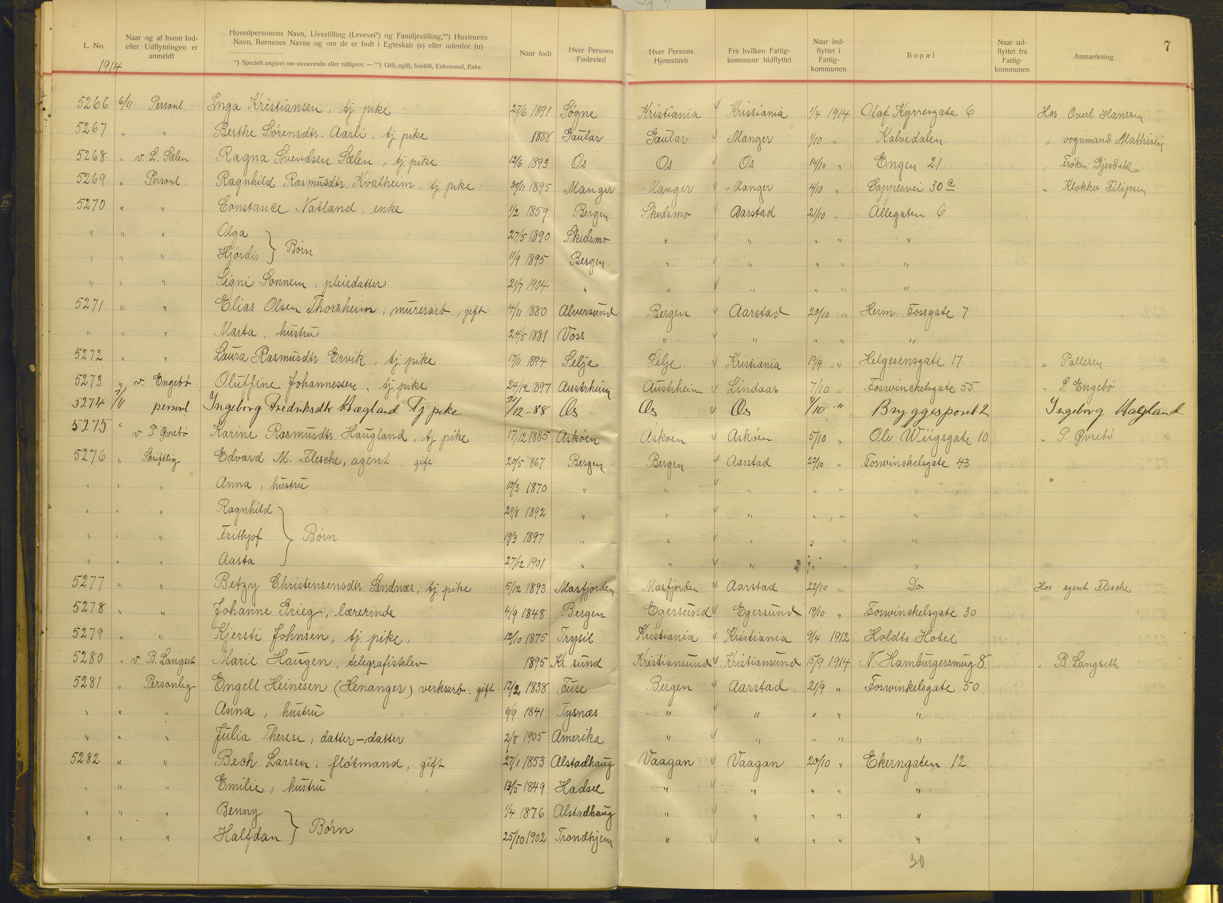 Bergen politikammer / politidistrikt, AV/SAB-A-60401/J.g/L0009: Protokoll over innflyttede, 1914-1917, s. 7
