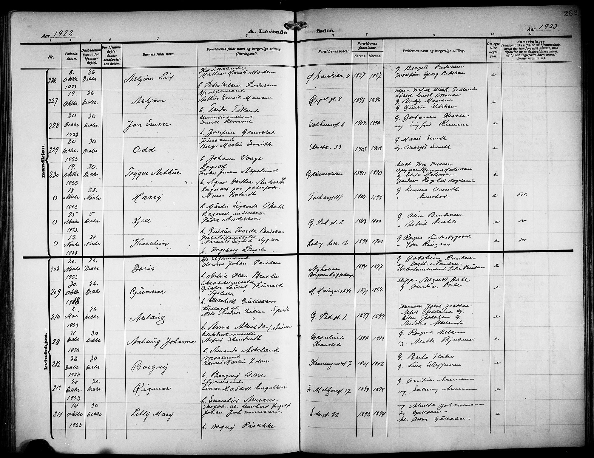 Sandviken Sokneprestembete, AV/SAB-A-77601/H/Hb/L0005: Klokkerbok nr. B 2, 1914-1925, s. 282