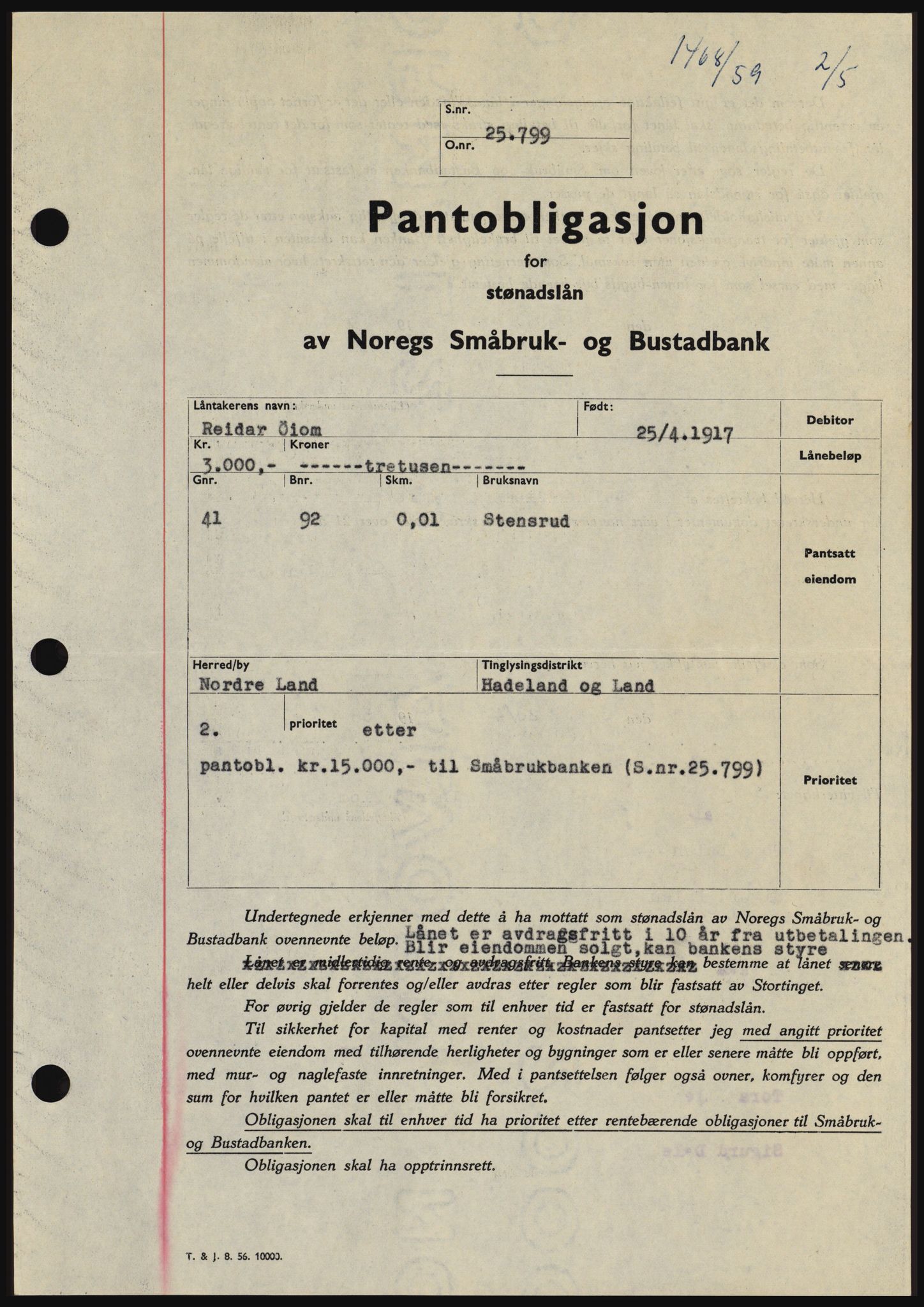 Hadeland og Land tingrett, SAH/TING-010/H/Hb/Hbc/L0040: Pantebok nr. B40, 1959-1959, Dagboknr: 1468/1959