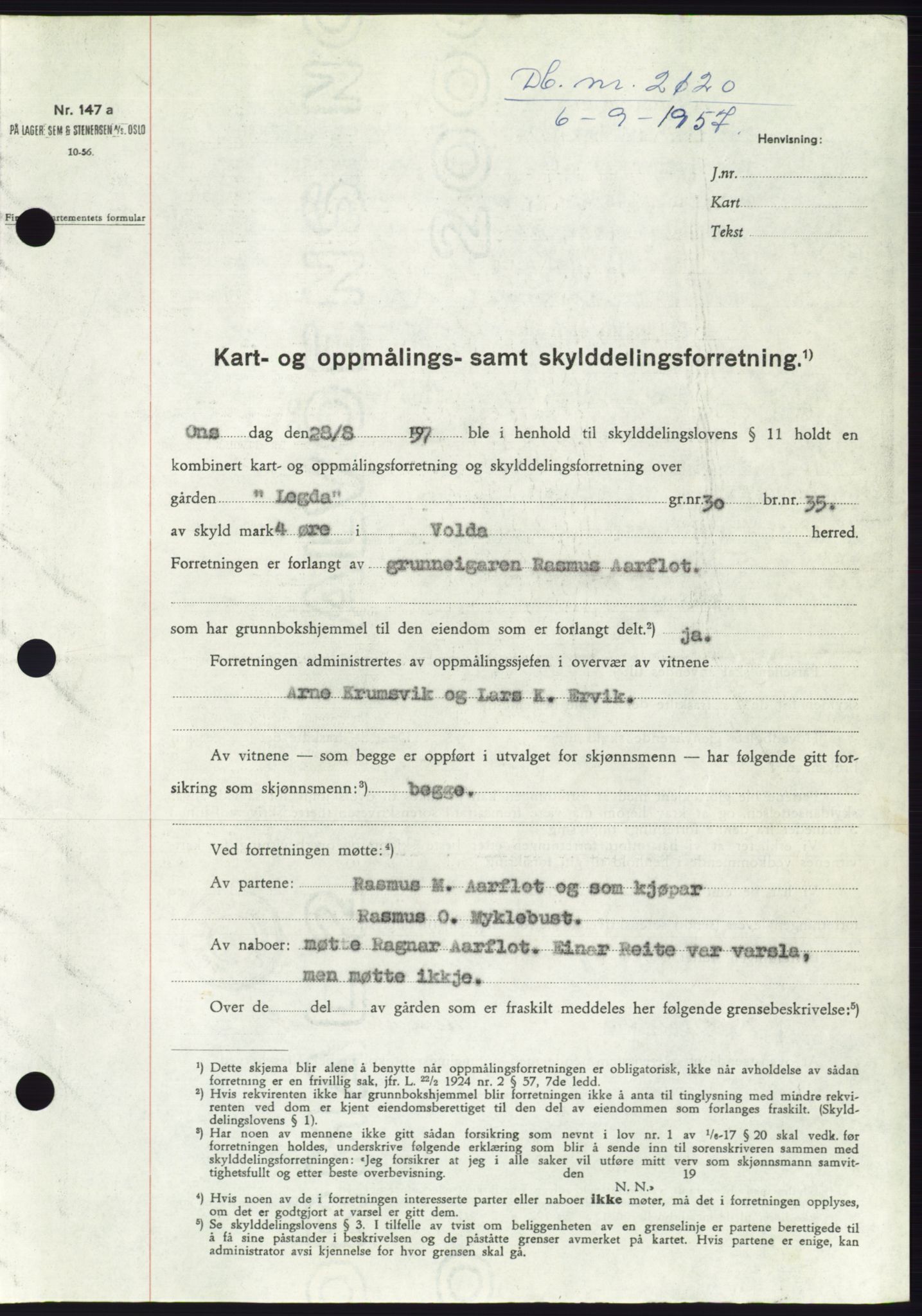 Søre Sunnmøre sorenskriveri, SAT/A-4122/1/2/2C/L0107: Pantebok nr. 33A, 1957-1957, Dagboknr: 2120/1957