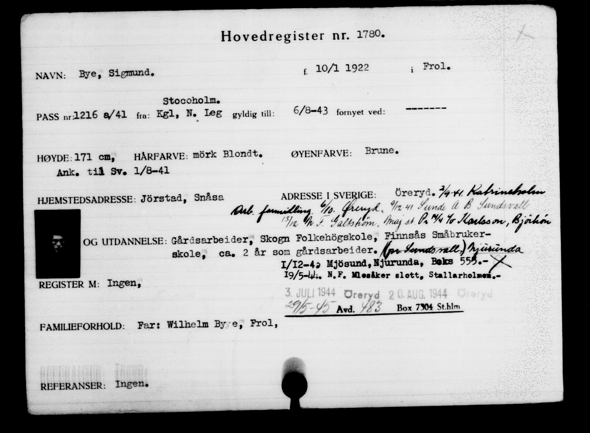 Utenriksstasjonene, Legasjonen i Stockholm, Flyktningkontoret, AV/RA-S-6753/V/Va/L0002: Kjesäterkartoteket, flyktninger med registreringsnr. 1001-2000, 1940-1945, s. 1113