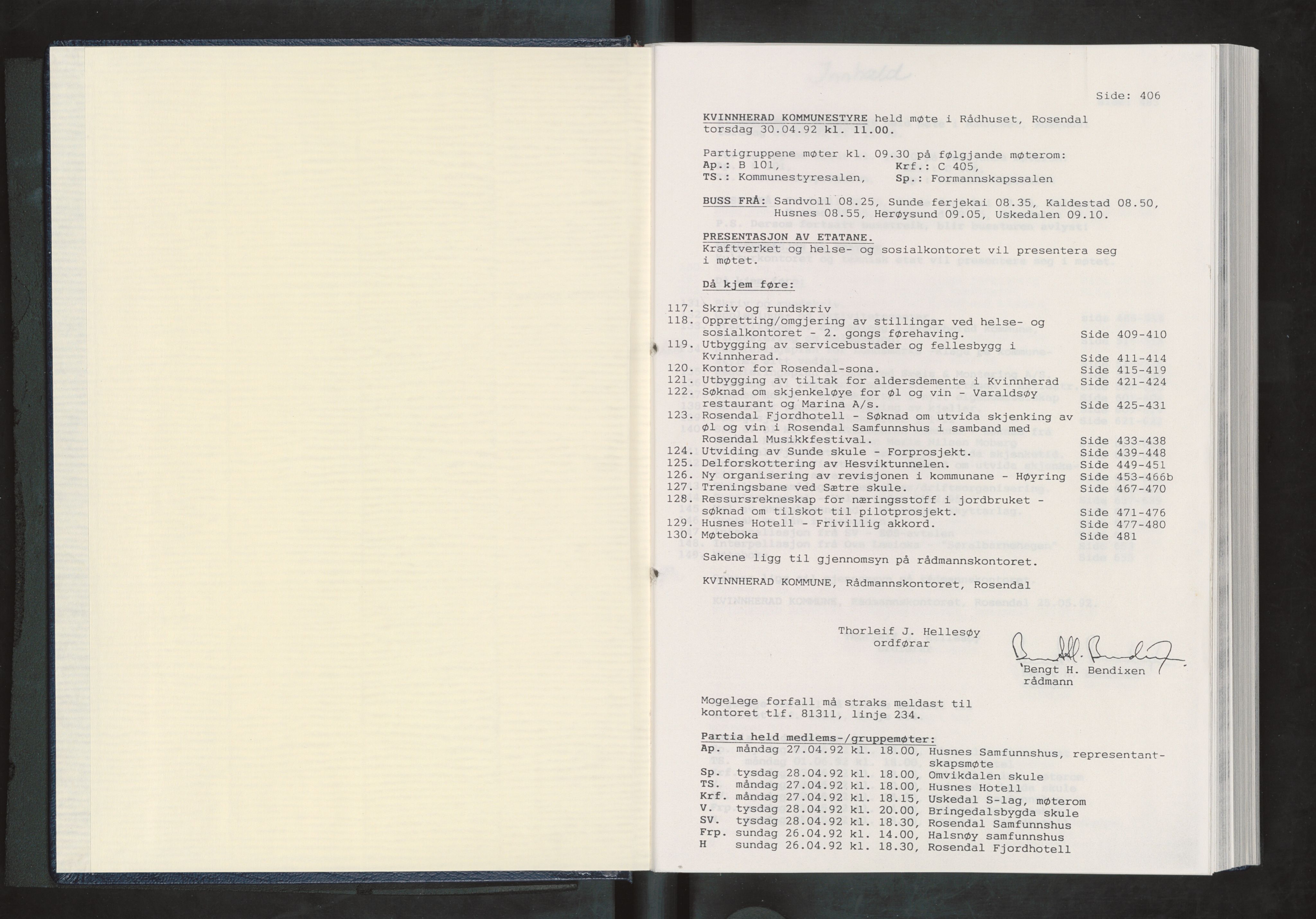 Kvinnherad kommune. Formannskapet, IKAH/1224-021/A/Ab/L0035/0001: Møtebøker for Kvinnherad kommunestyre / Møtebok for Kvinnherad kommunestyre, 1992