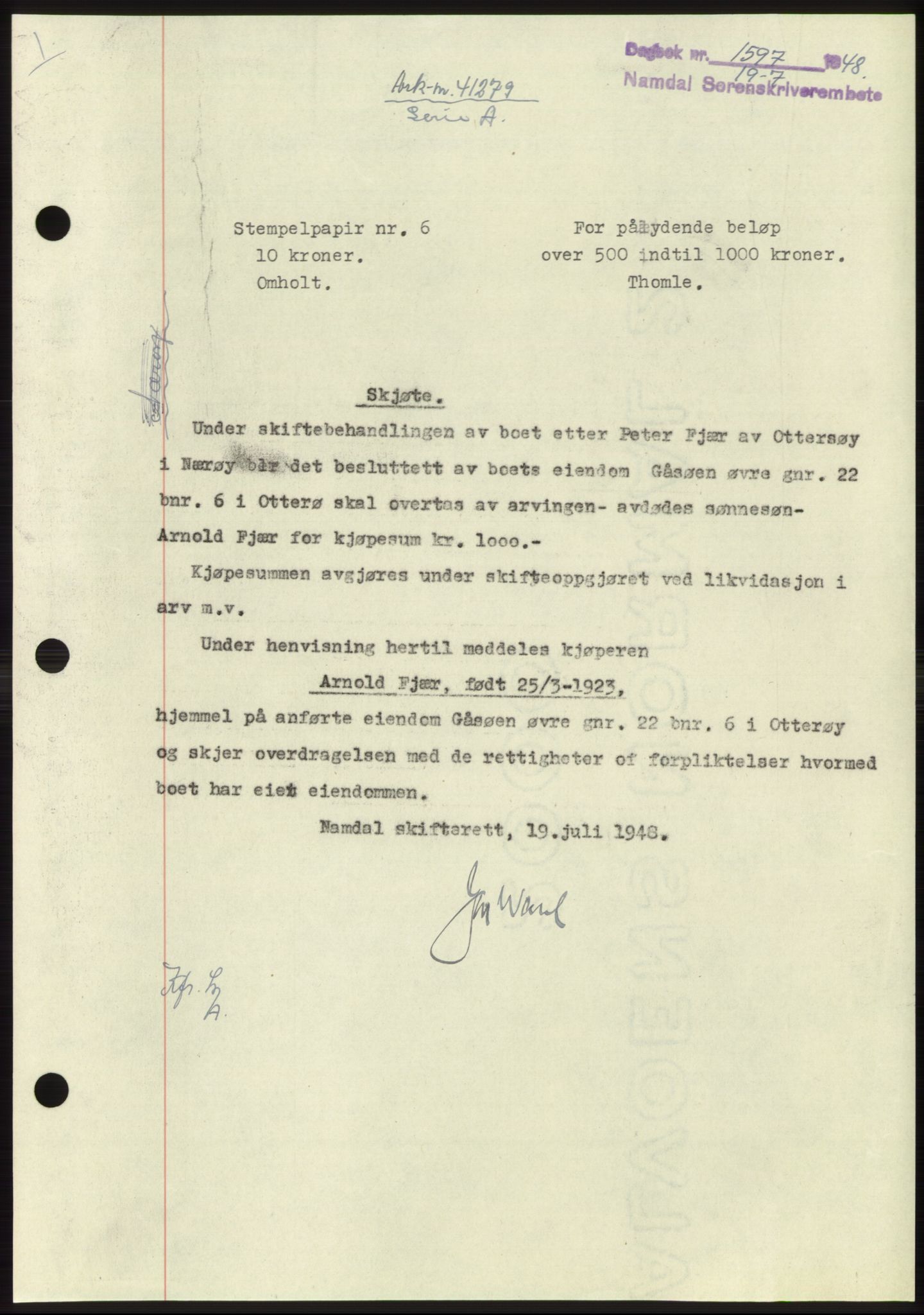 Namdal sorenskriveri, SAT/A-4133/1/2/2C: Pantebok nr. -, 1948-1948, Dagboknr: 1597/1948