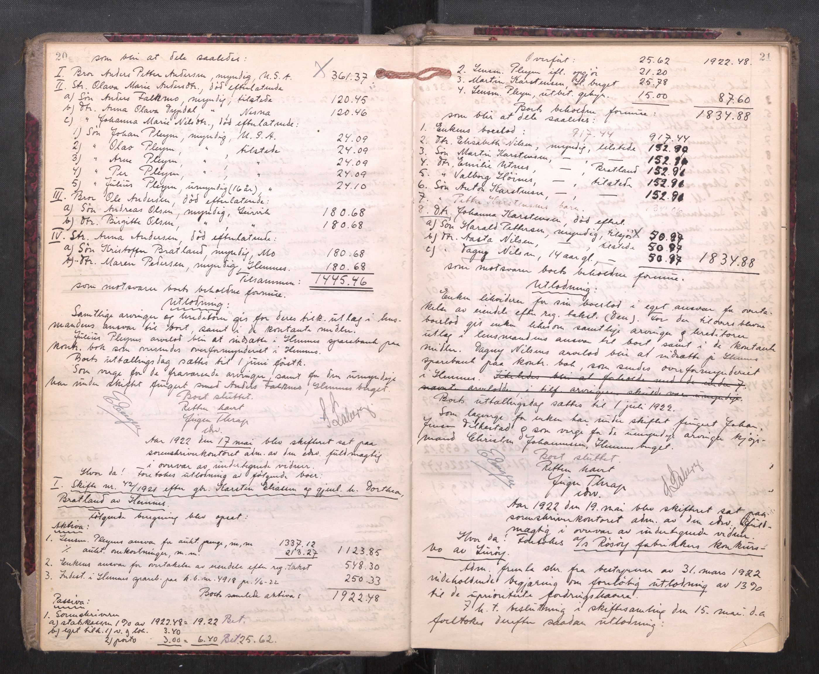 Rana sorenskriveri , AV/SAT-A-1108/1/3/3A/L0010: Skifteslutningsprotokoll, 1921-1927, s. 20-21