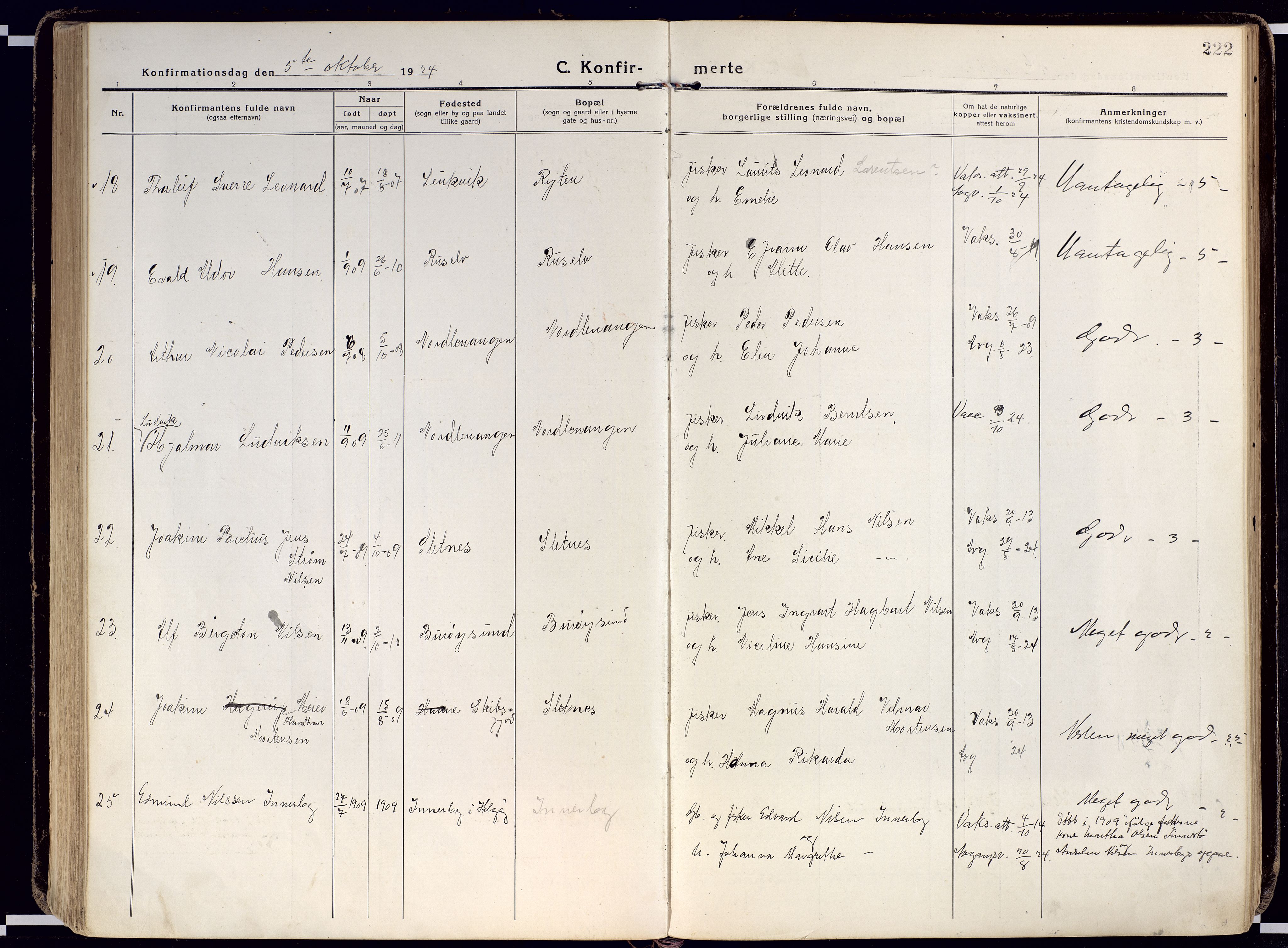 Karlsøy sokneprestembete, AV/SATØ-S-1299/H/Ha/Haa/L0015kirke: Ministerialbok nr. 15, 1918-1929, s. 222