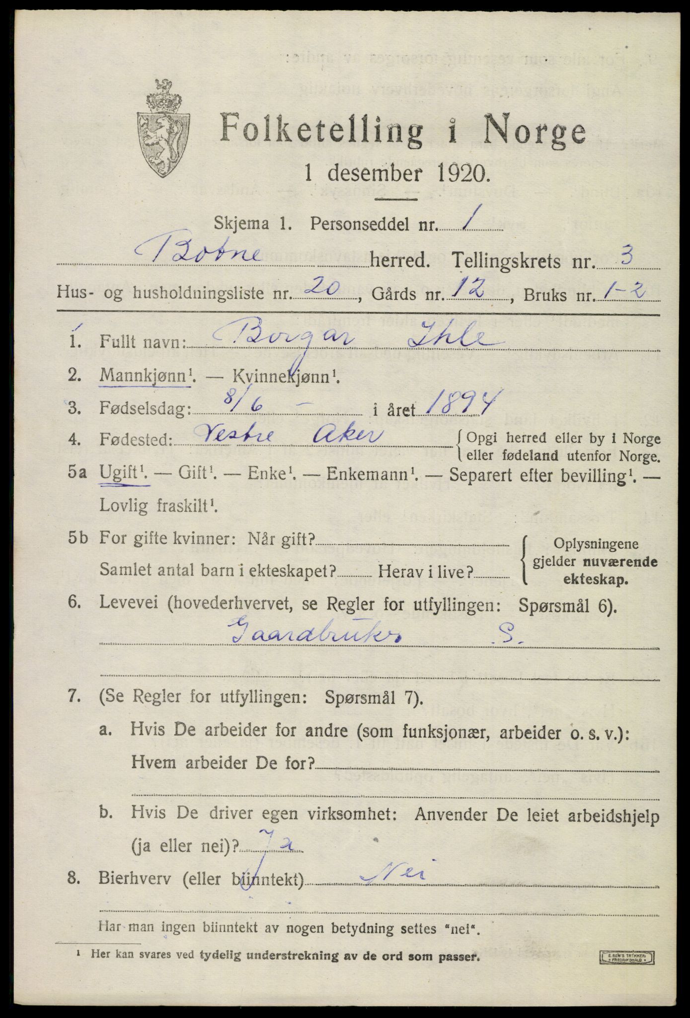 SAKO, Folketelling 1920 for 0715 Botne herred, 1920, s. 3291