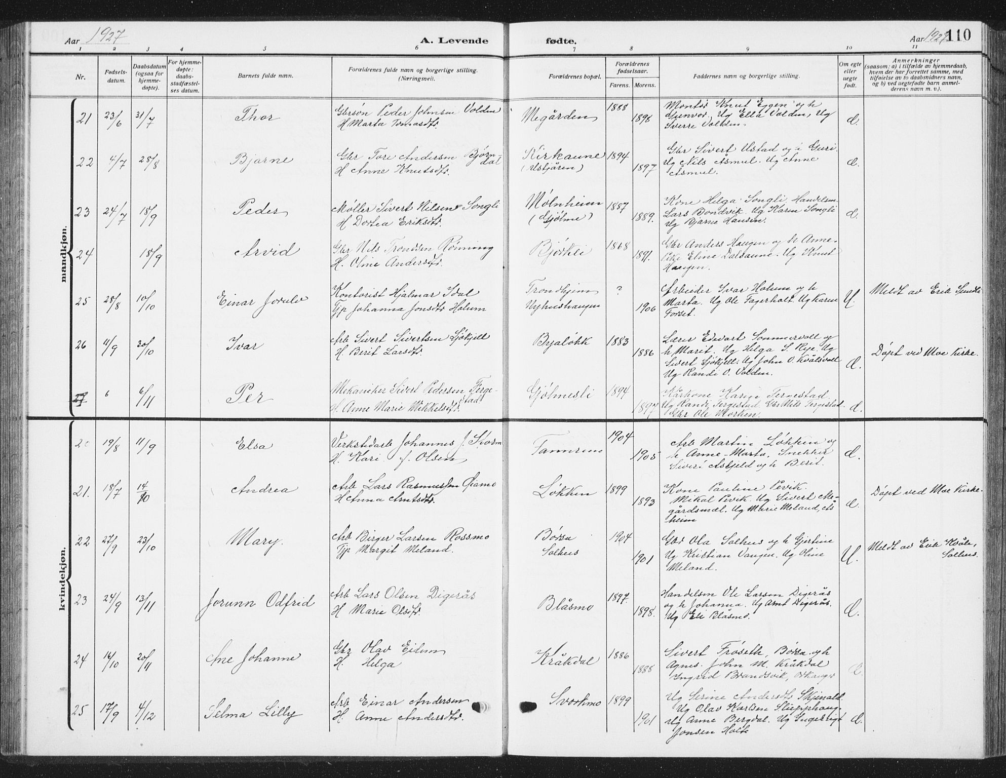 Ministerialprotokoller, klokkerbøker og fødselsregistre - Sør-Trøndelag, AV/SAT-A-1456/668/L0820: Klokkerbok nr. 668C09, 1912-1936, s. 110