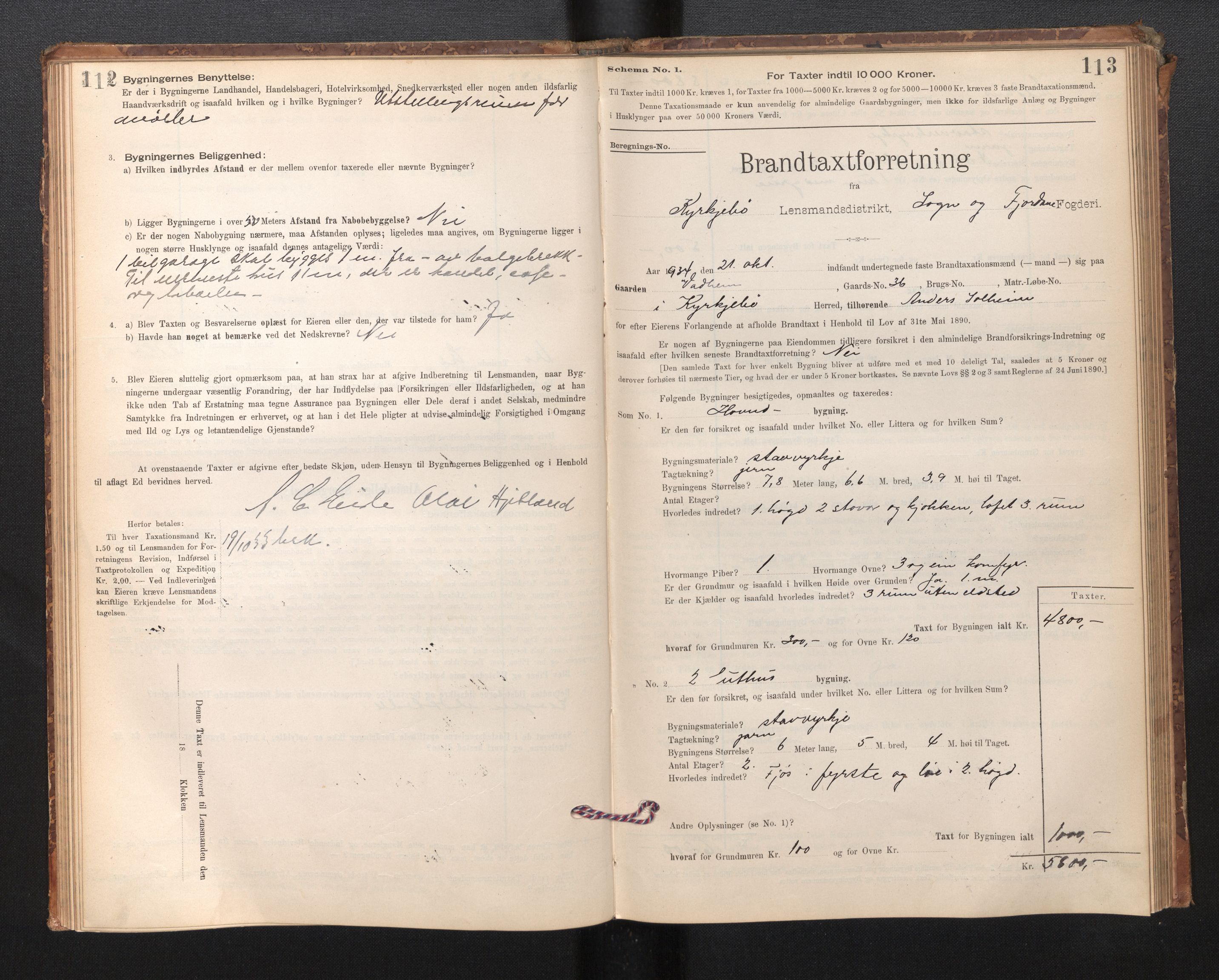 Lensmannen i Kyrkjebø, SAB/A-29001/0012/L0006: Branntakstprotokoll, skjematakst, 1900-1939, s. 112-113