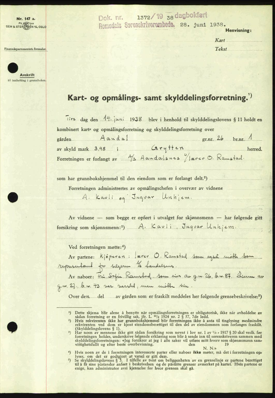 Romsdal sorenskriveri, SAT/A-4149/1/2/2C: Pantebok nr. A5, 1938-1938, Dagboknr: 1372/1938